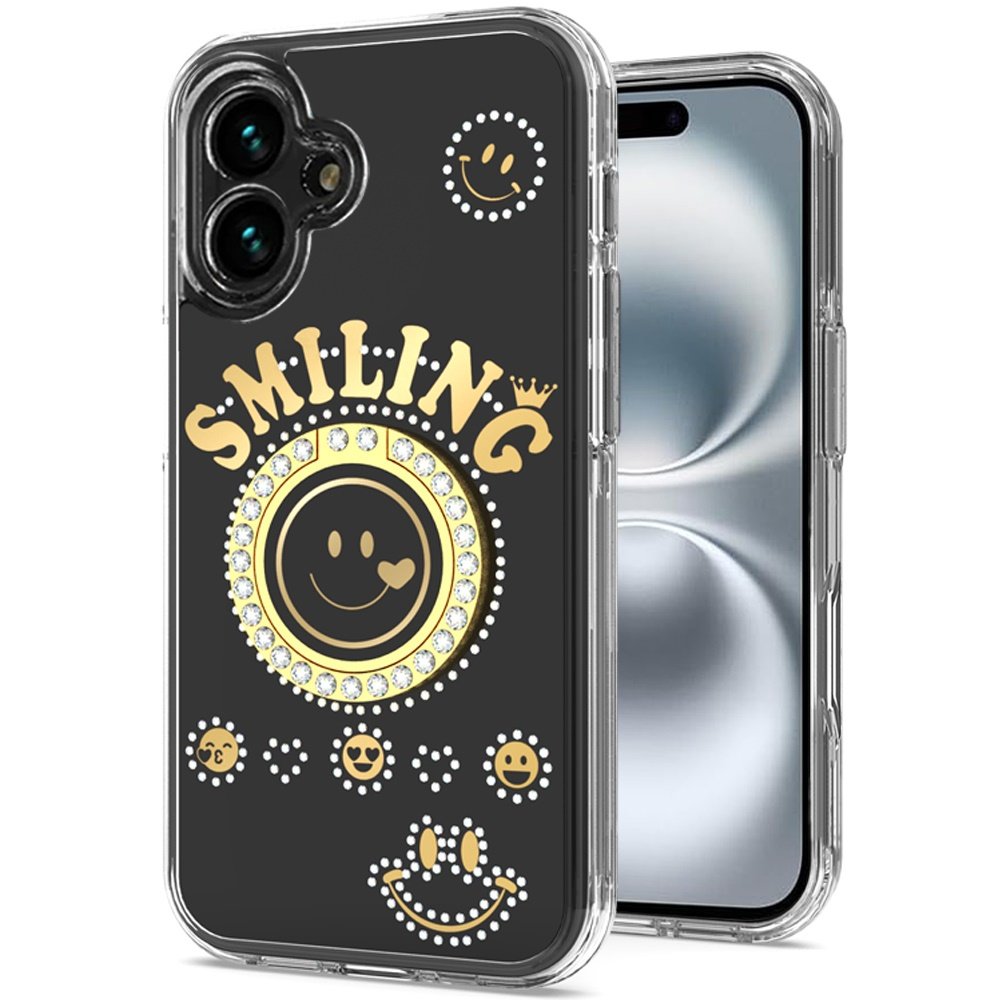 for iphone 16 plus 6.7 inch smiling glitter ornament bling with ring stand hybrid case cover black