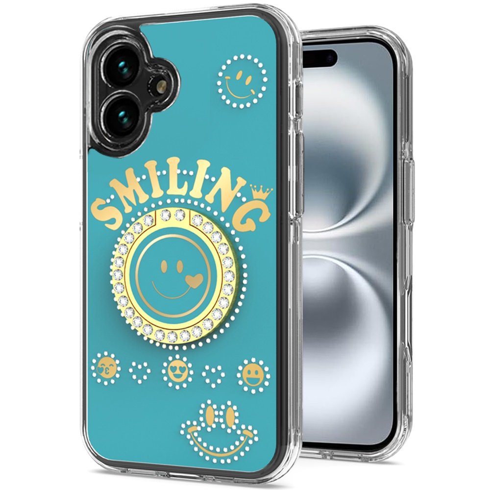 for iphone 16 plus 6.7 inch smiling glitter ornament bling with ring stand hybrid case cover blue