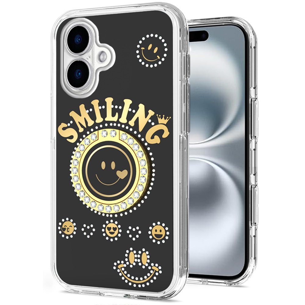 for iphone 16 6.1 inch smiling glitter ornament bling with ring stand hybrid case cover black