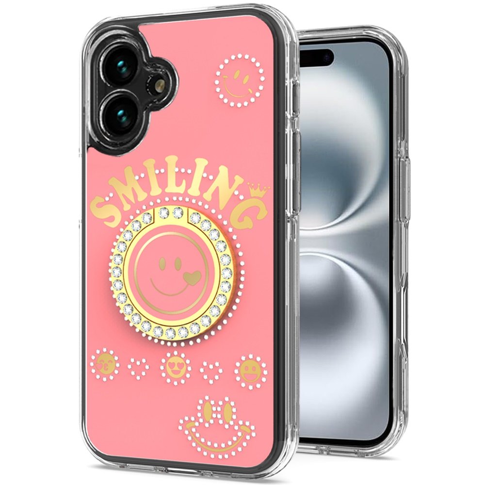 for iphone 16 6.1 inch smiling glitter ornament bling with ring stand hybrid case cover pink