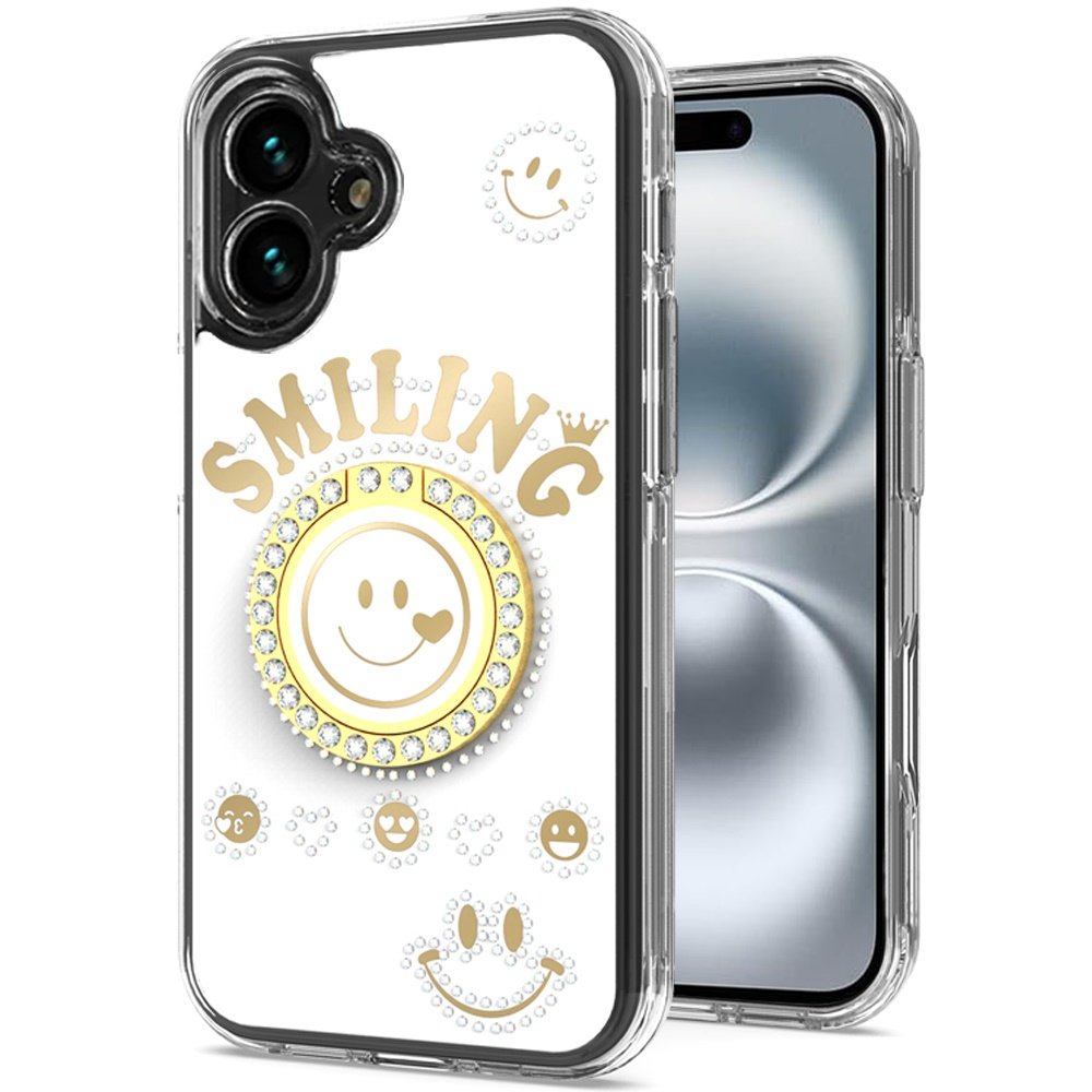 for iphone 16 6.1 inch smiling glitter ornament bling with ring stand hybrid case cover white