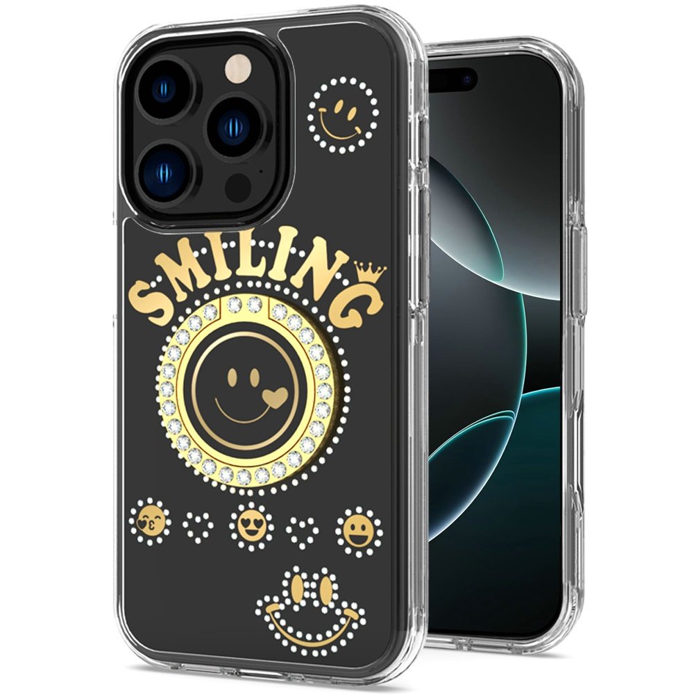 for iphone 16 pro 6.3 inch smiling glitter ornament bling with ring stand hybrid case cover black