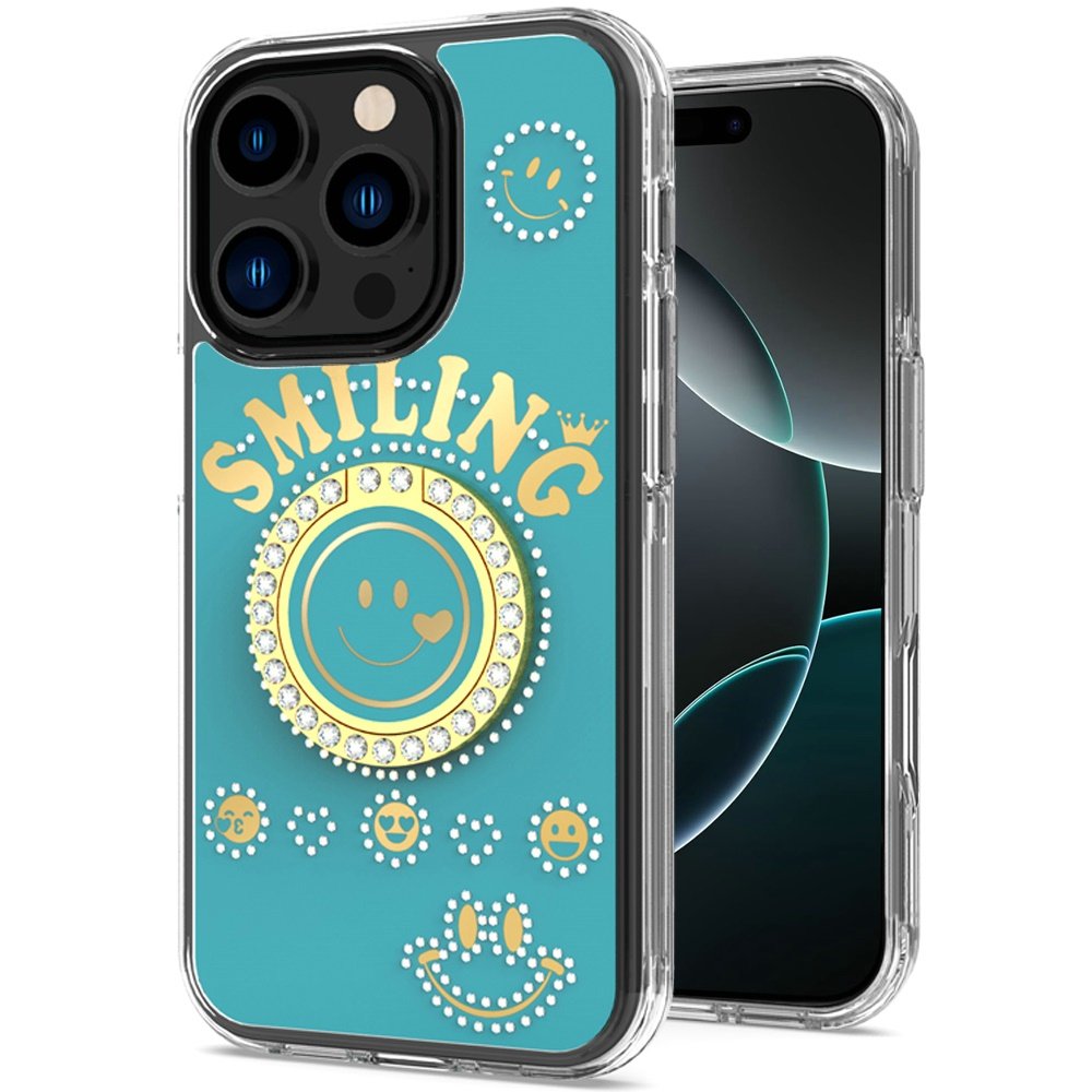 for iphone 16 pro 6.3 inch smiling glitter ornament bling with ring stand hybrid case cover blue