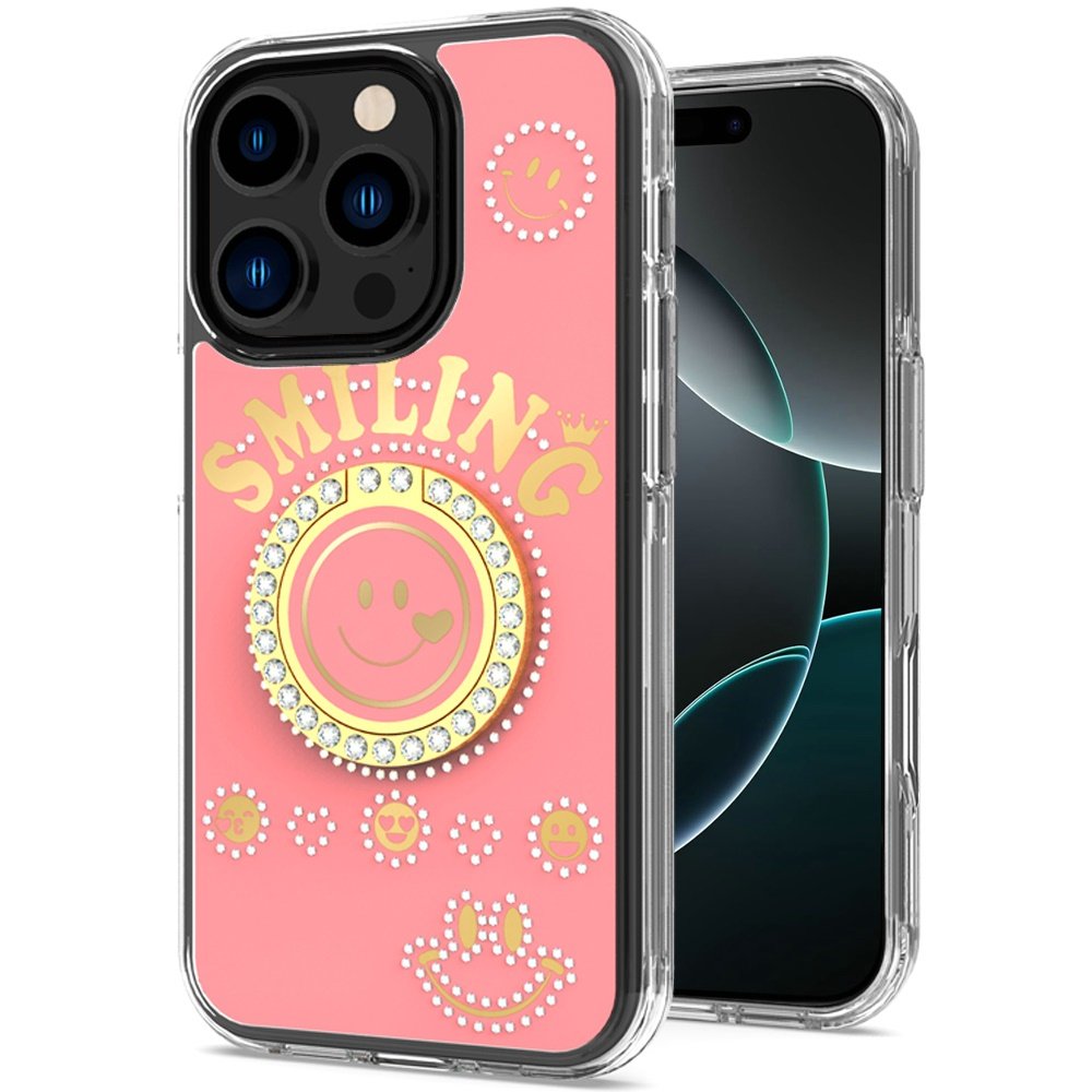 for iphone 16 pro 6.3 inch smiling glitter ornament bling with ring stand hybrid case cover pink