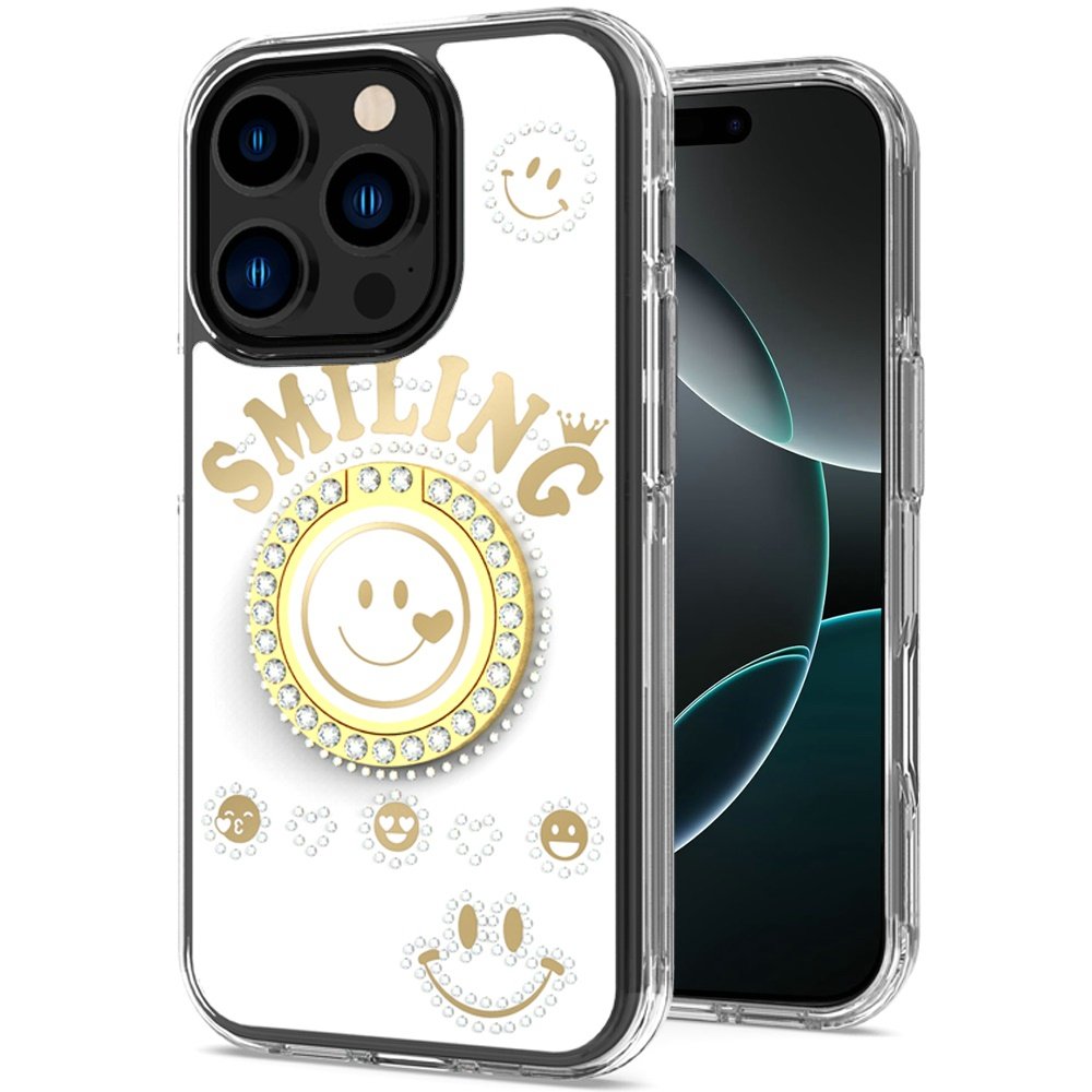 for iphone 16 pro 6.3 inch smiling glitter ornament bling with ring stand hybrid case cover white