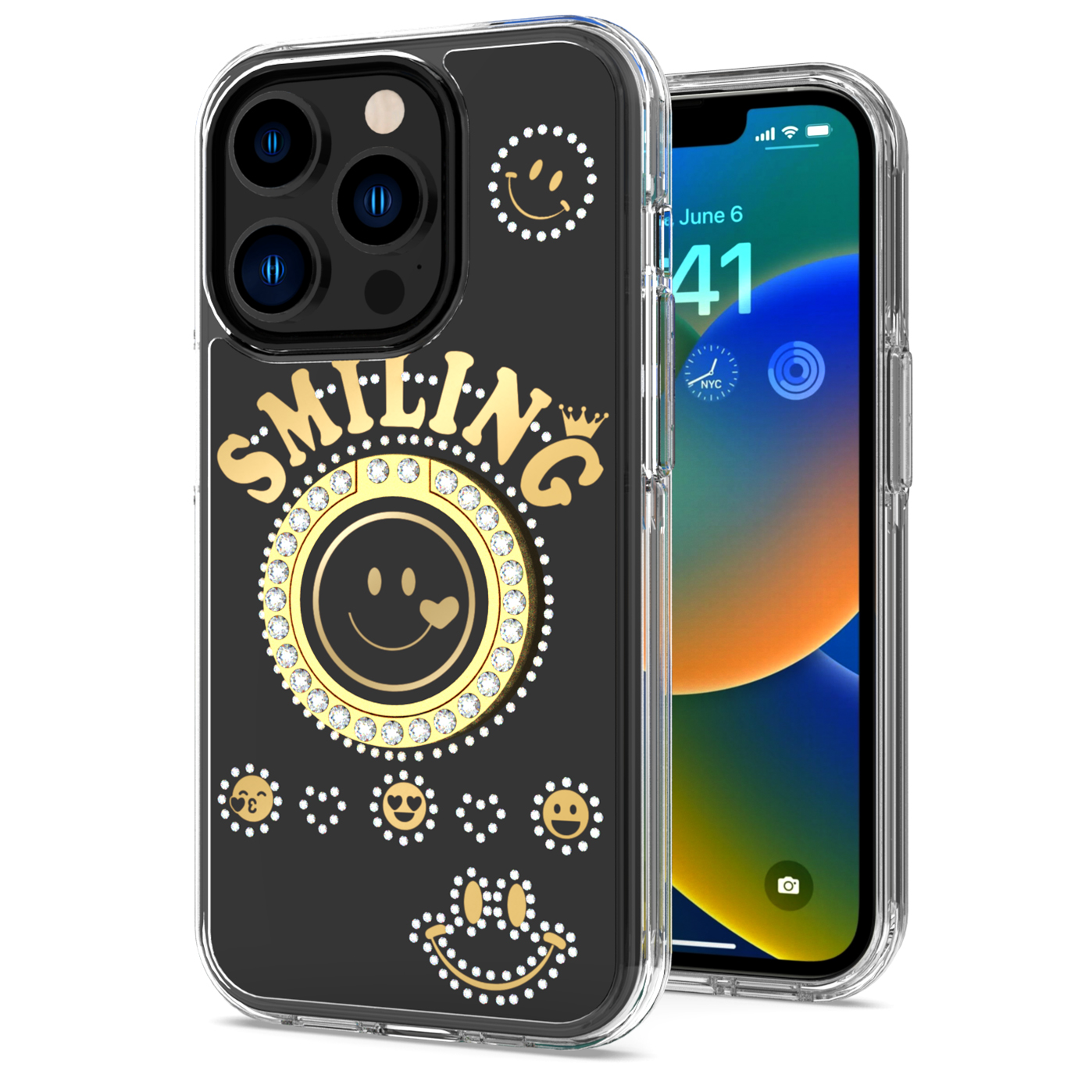 for iphone 15 pro smiling glitter ornament bling with ring stand hybrid case cover black