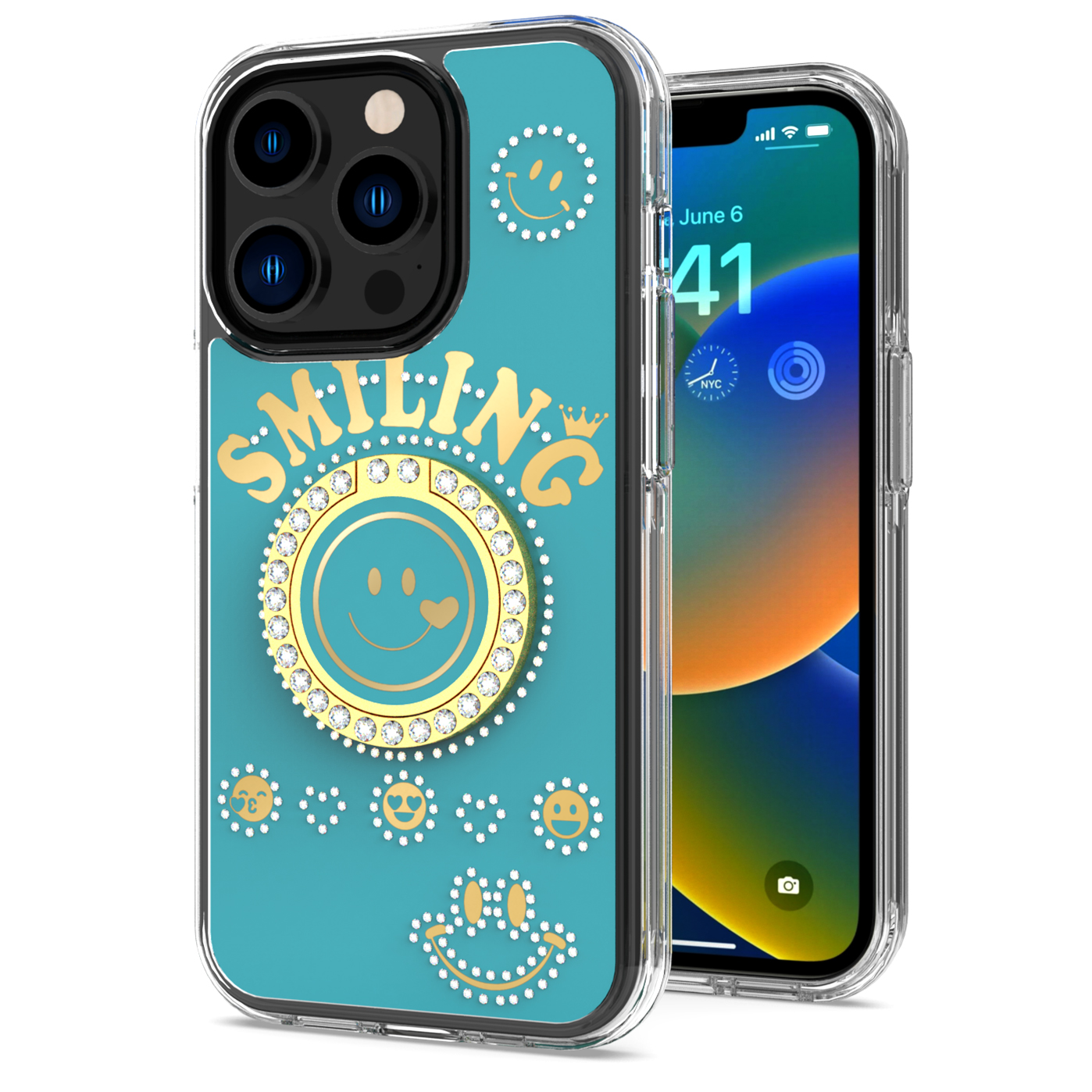 for iphone 15 pro smiling glitter ornament bling with ring stand hybrid case cover blue