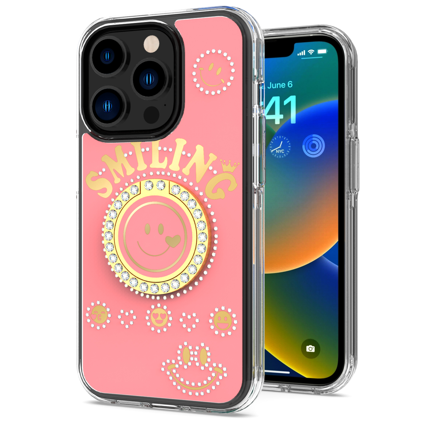 for iphone 15 pro smiling glitter ornament bling with ring stand hybrid case cover pink