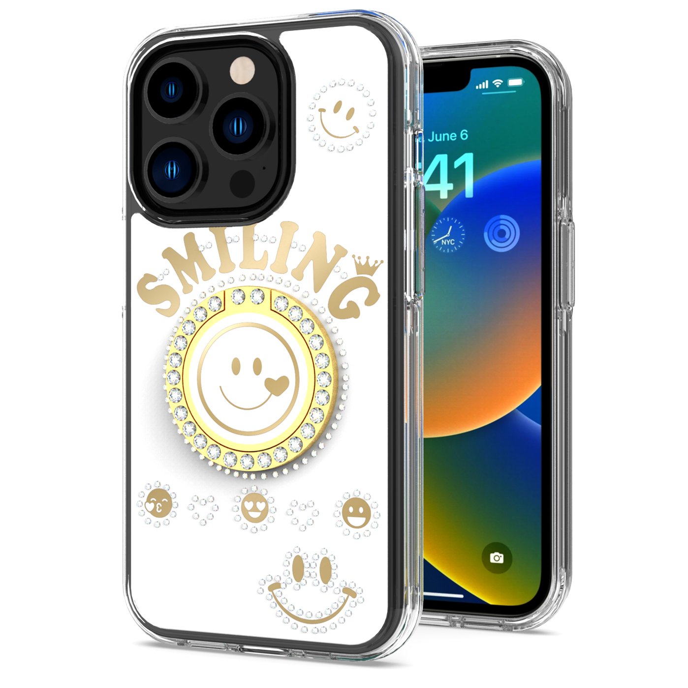 for iphone 15 pro smiling glitter ornament bling with ring stand hybrid case cover white