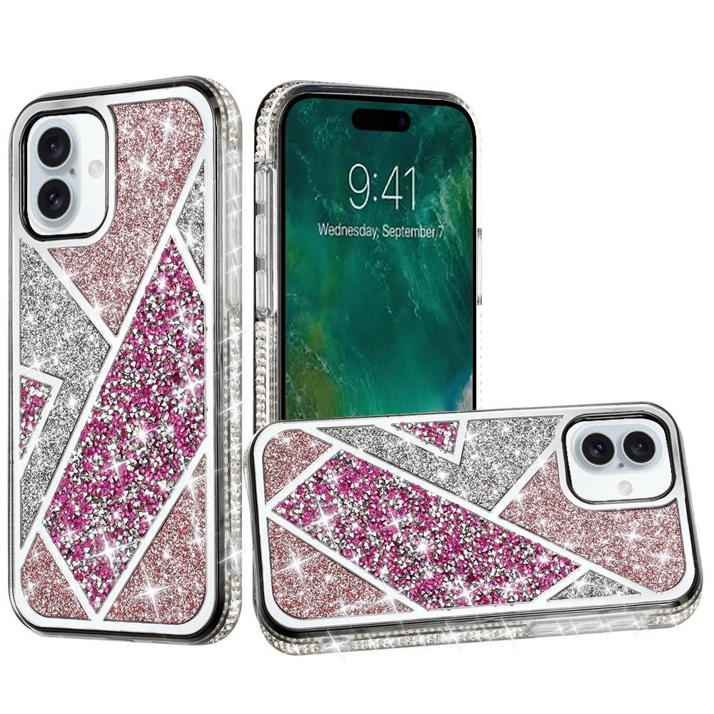 for iphone 16 6.1 inch rhombus bling glitter diamond case cover rose pink