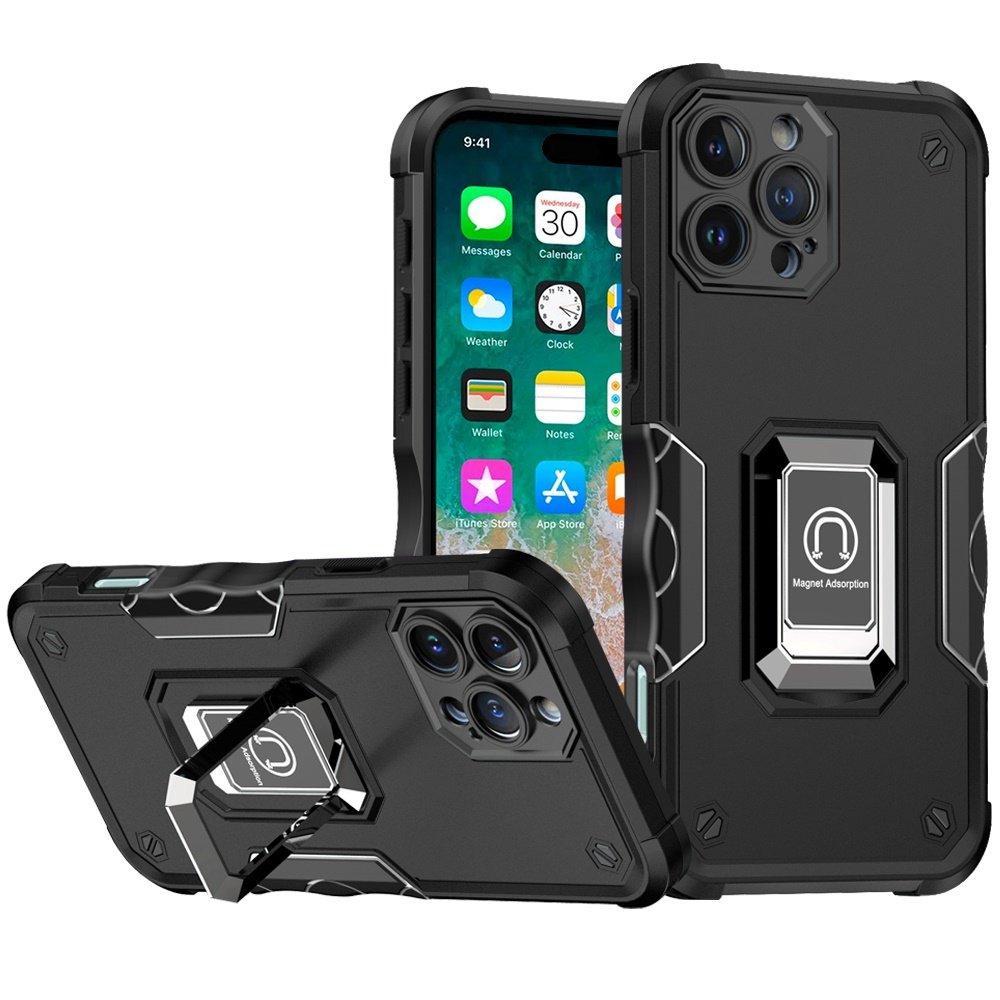 for iphone 16 pro max 6.9 inch optimum magnetic ring stand hybrid case cover black