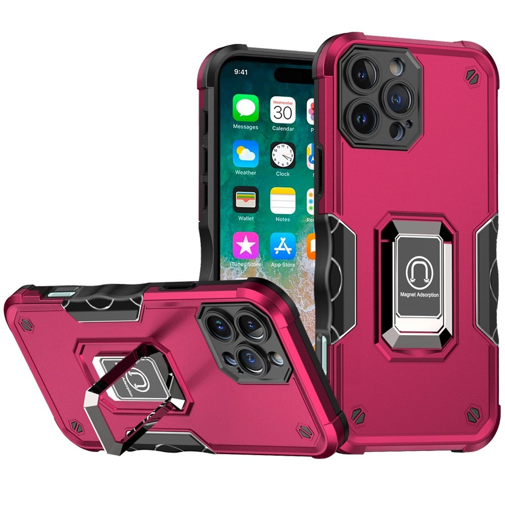 for iphone 16 pro max 6.9 inch optimum magnetic ring stand hybrid case cover hot pink