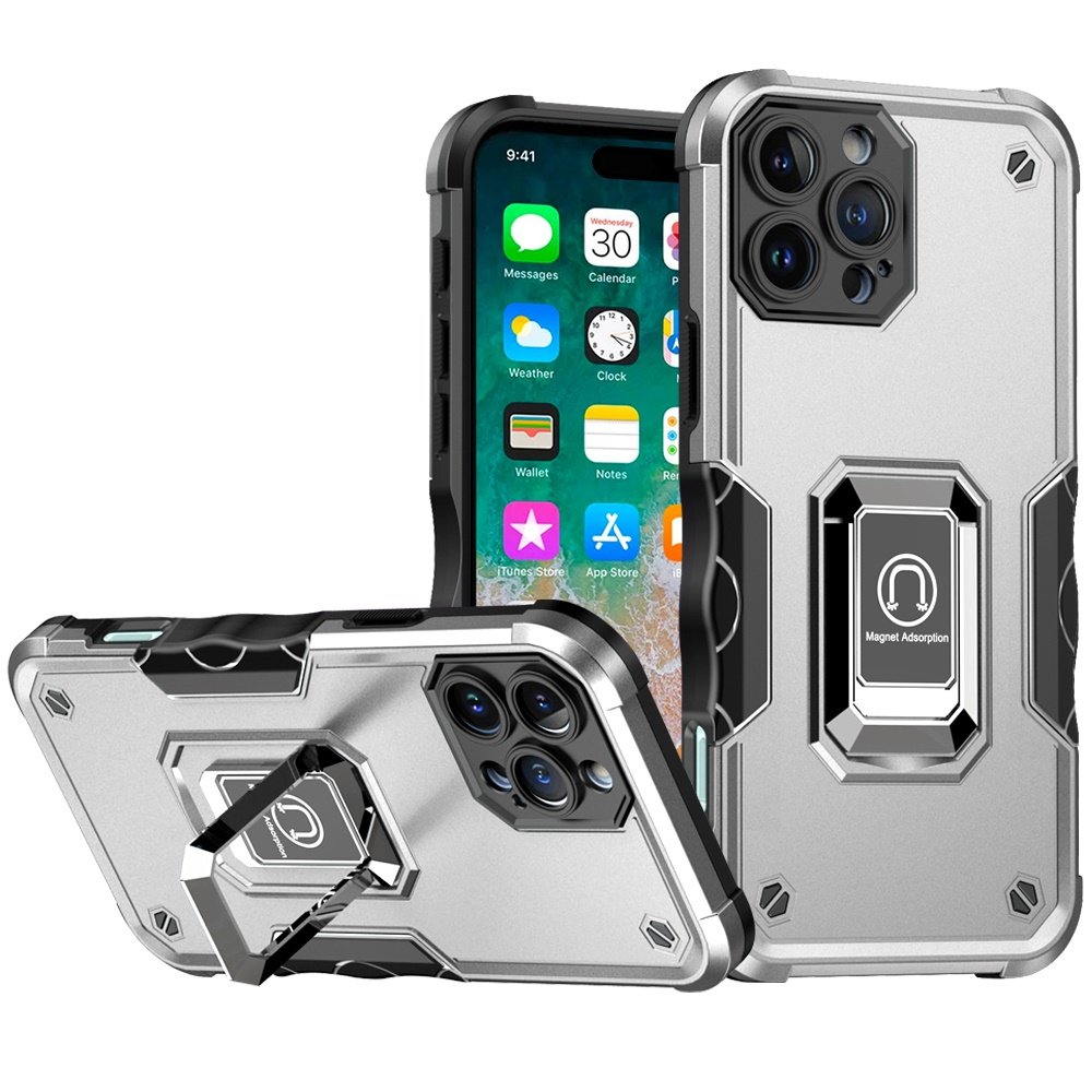 for iphone 16 pro max 6.9 inch optimum magnetic ring stand hybrid case cover silver