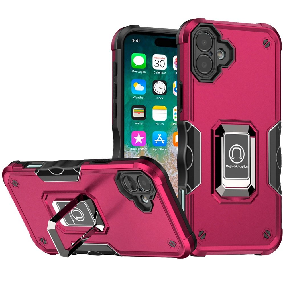for iphone 16 plus 6.7 inch optimum magnetic ring stand hybrid case cover hot pink