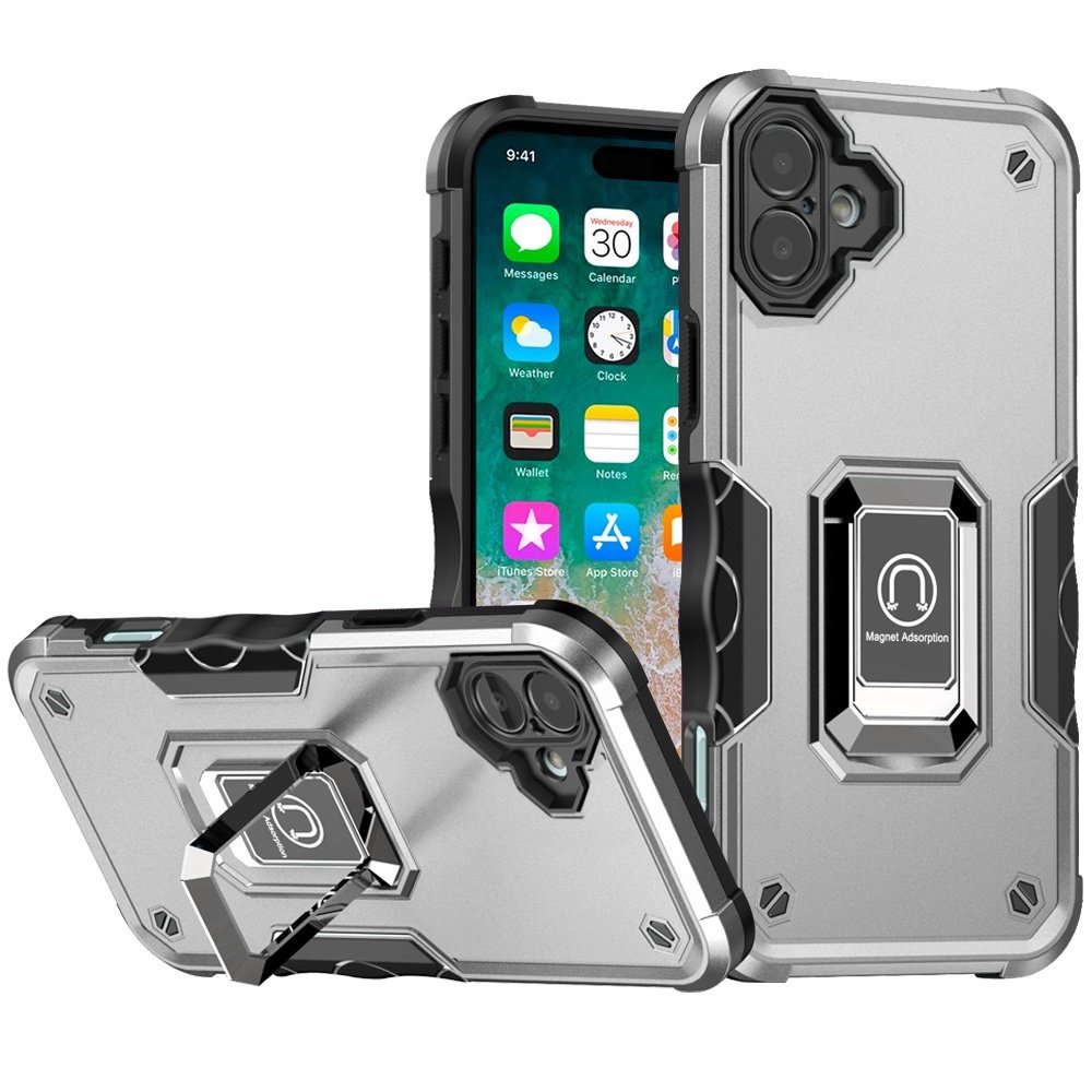 for iphone 16 plus 6.7 inch optimum magnetic ring stand hybrid case cover silver