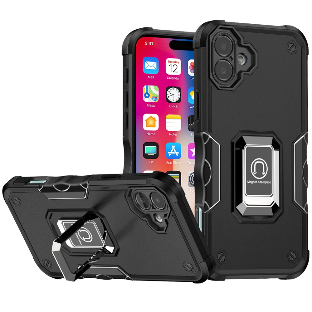for iphone 16 6.1 inch optimum magnetic ring stand hybrid case cover black