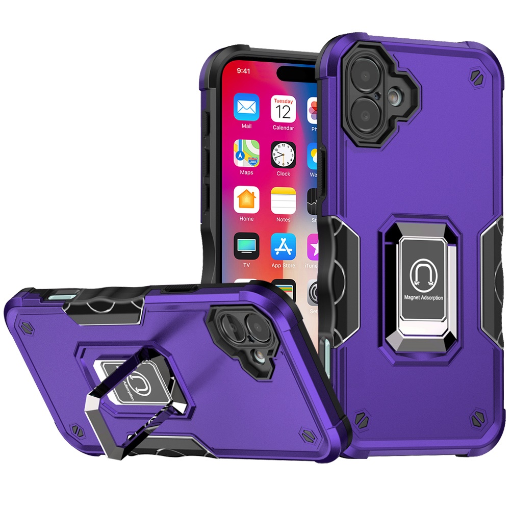 for iphone 16 6.1 inch optimum magnetic ring stand hybrid case cover dark purple
