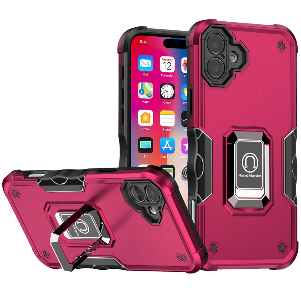 for iphone 16 6.1 inch optimum magnetic ring stand hybrid case cover hot pink