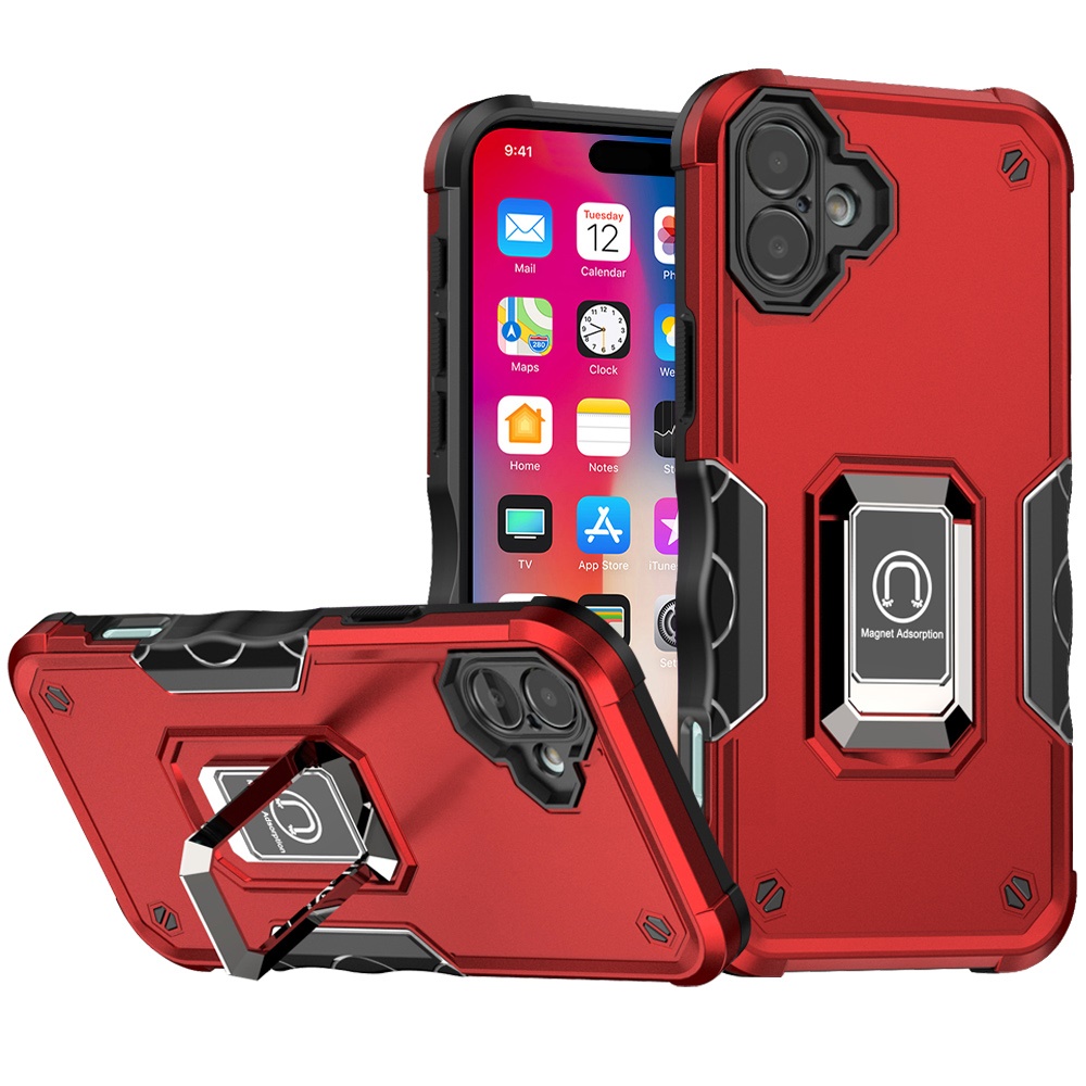 for iphone 16 6.1 inch optimum magnetic ring stand hybrid case cover red