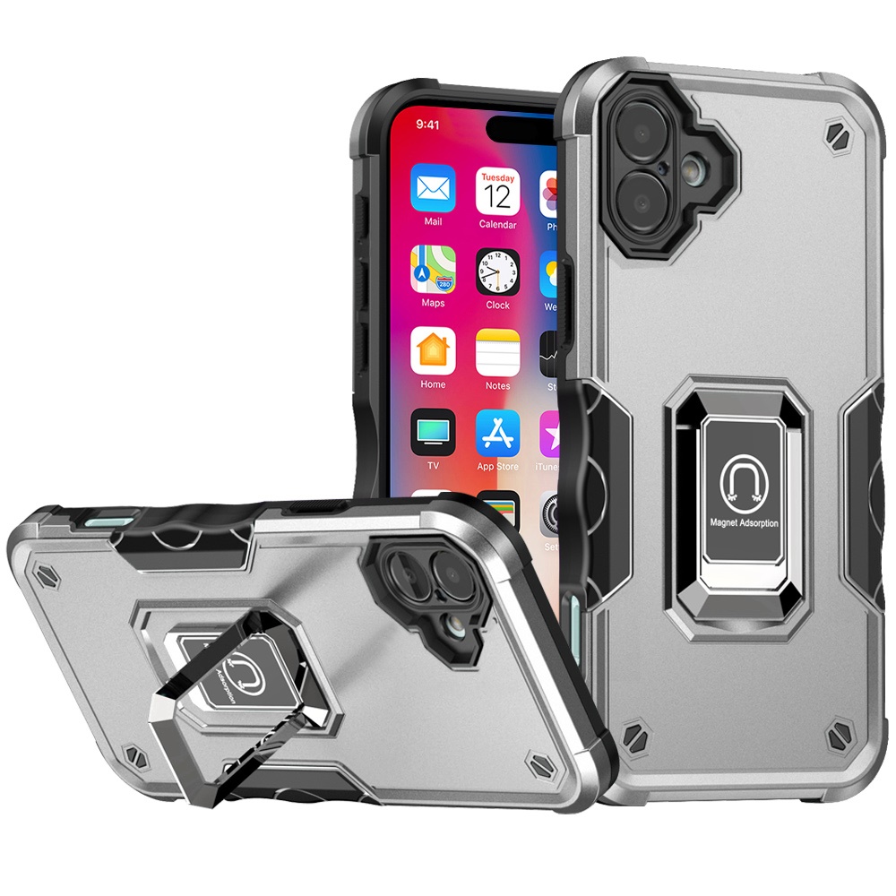 for iphone 16 6.1 inch optimum magnetic ring stand hybrid case cover silver
