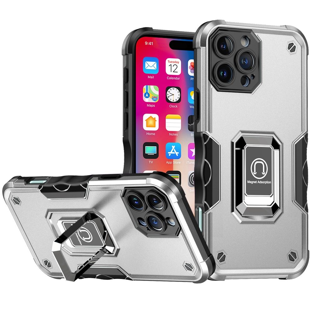 for iphone 16 pro 6.3 inch optimum magnetic ring stand hybrid case cover silver