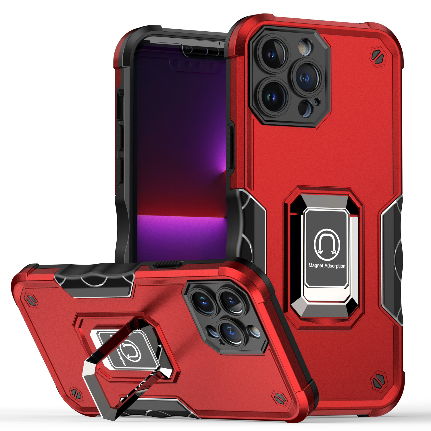 for apple iphone 14 pro max 6.7" optimum magnetic ring stand hybrid case cover red