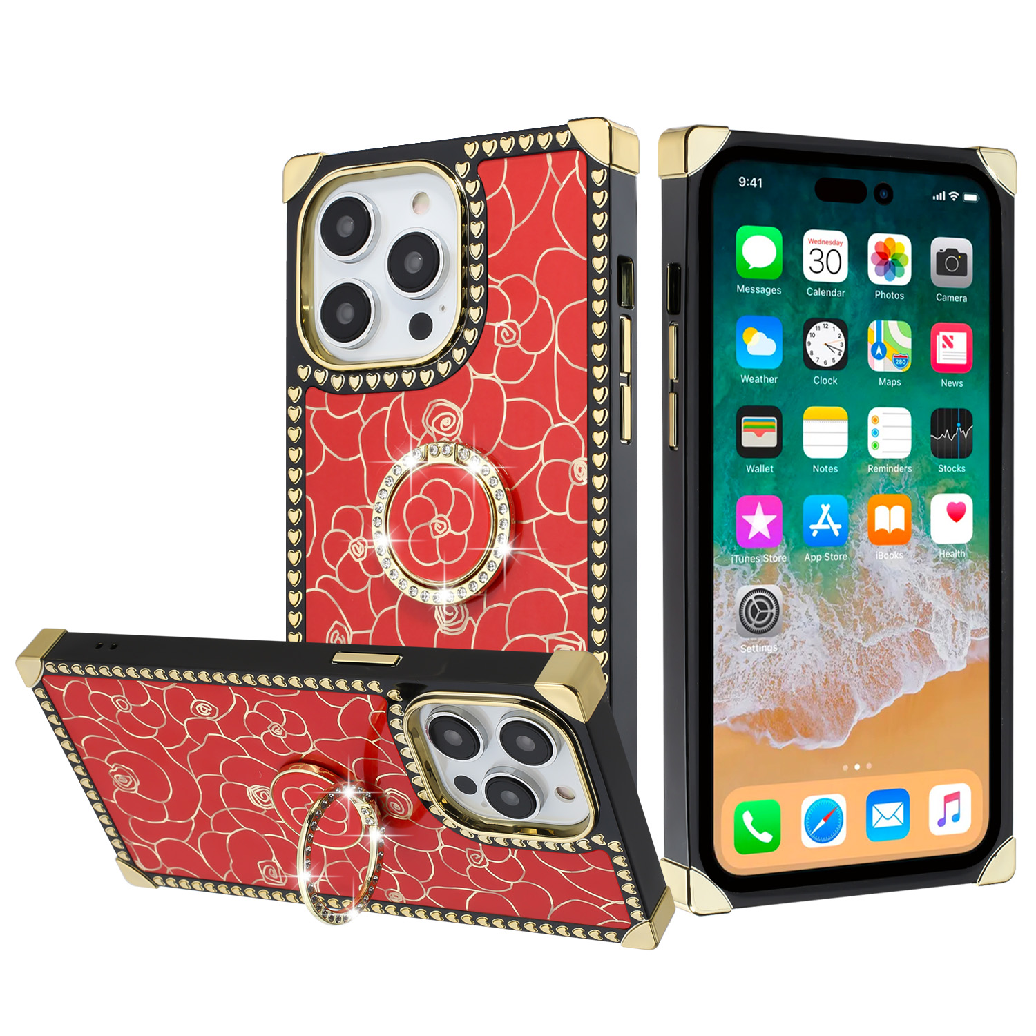for iphone 15 pro passion glitter diamond ring stand case cover floral design red