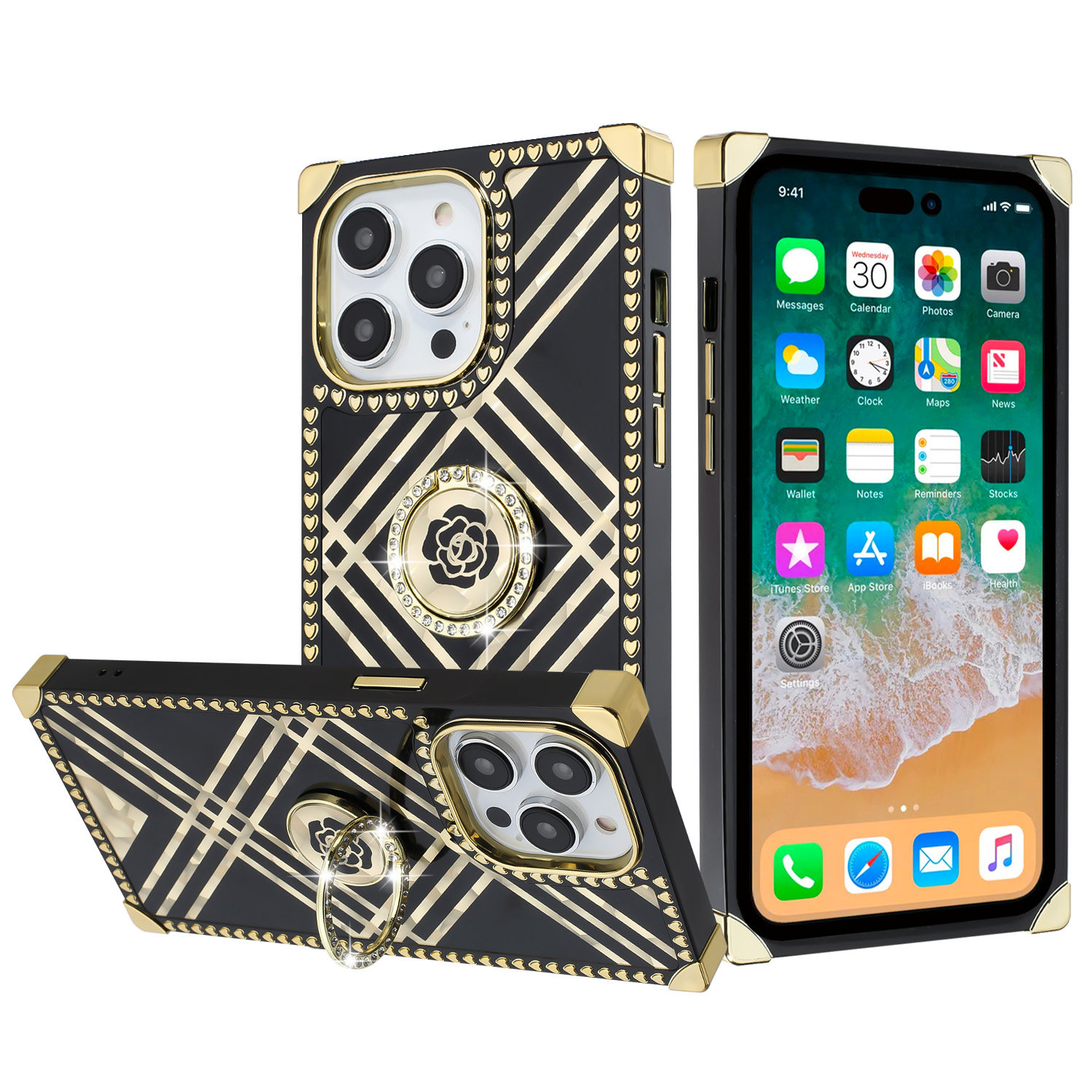 for iphone 15 pro passion glitter diamond ring stand case cover black chrome g