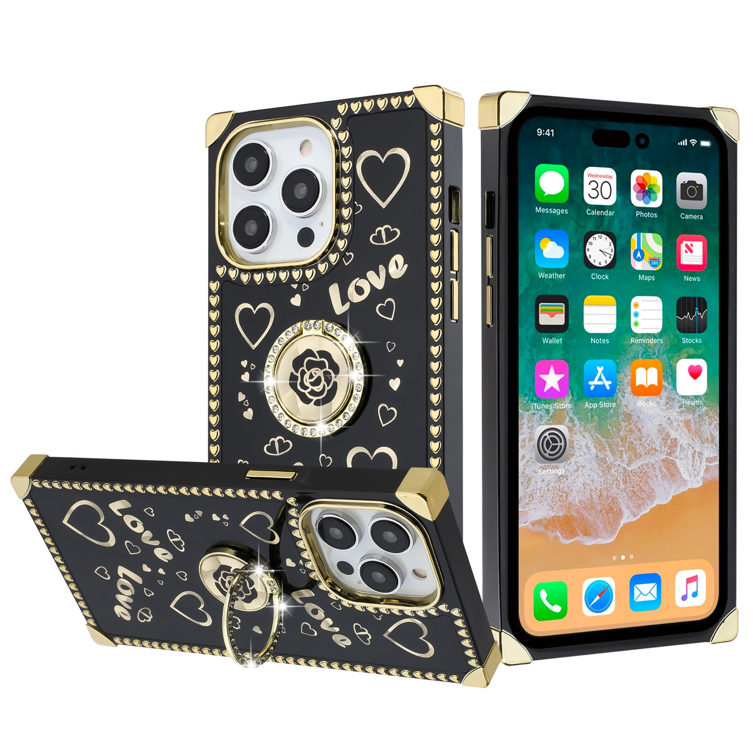 for iphone 15 pro passion glitter diamond ring stand case cover black chrome h
