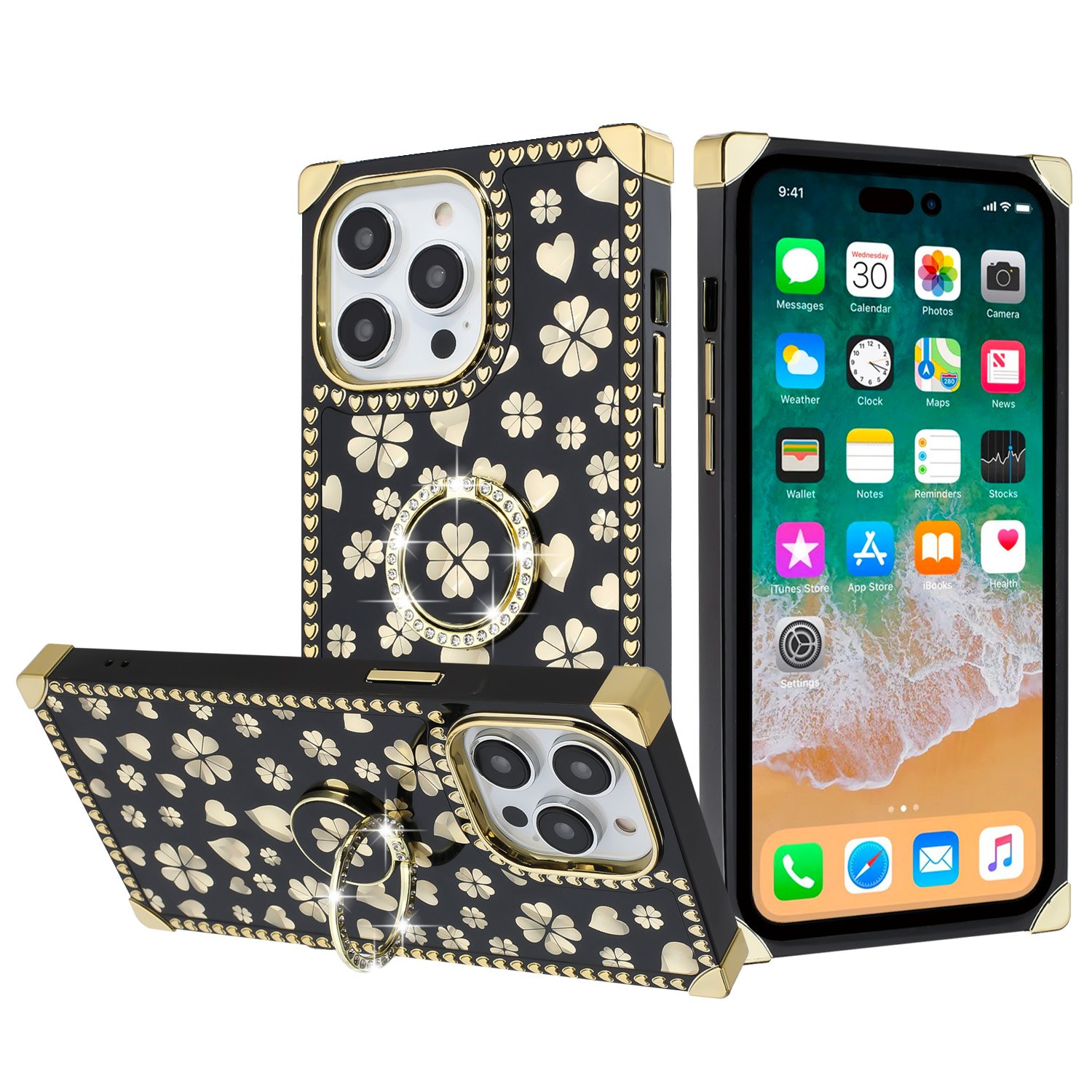 for iphone 15 pro passion glitter diamond ring stand case cover heart designÂ black