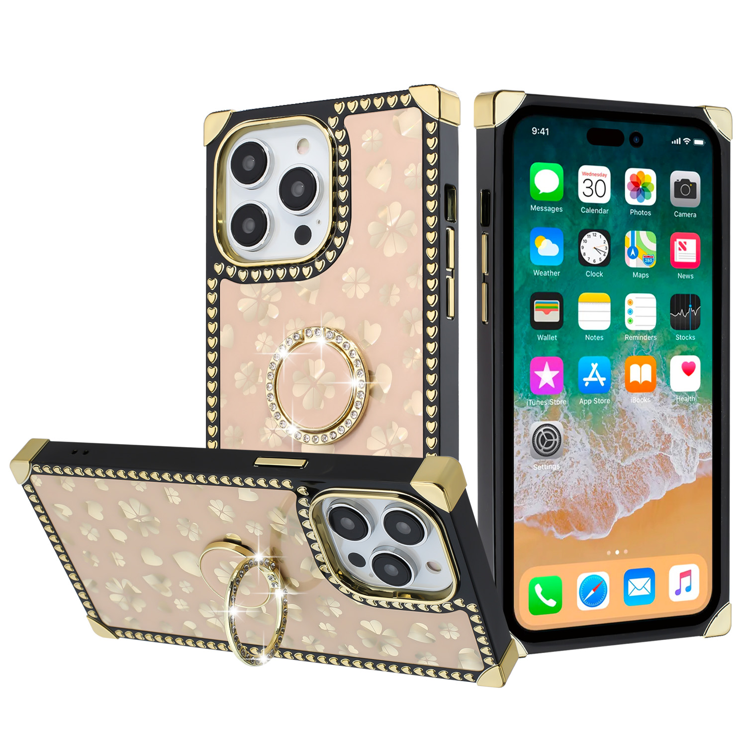 for iphone 15 pro passion glitter diamond ring stand case cover heart design gold