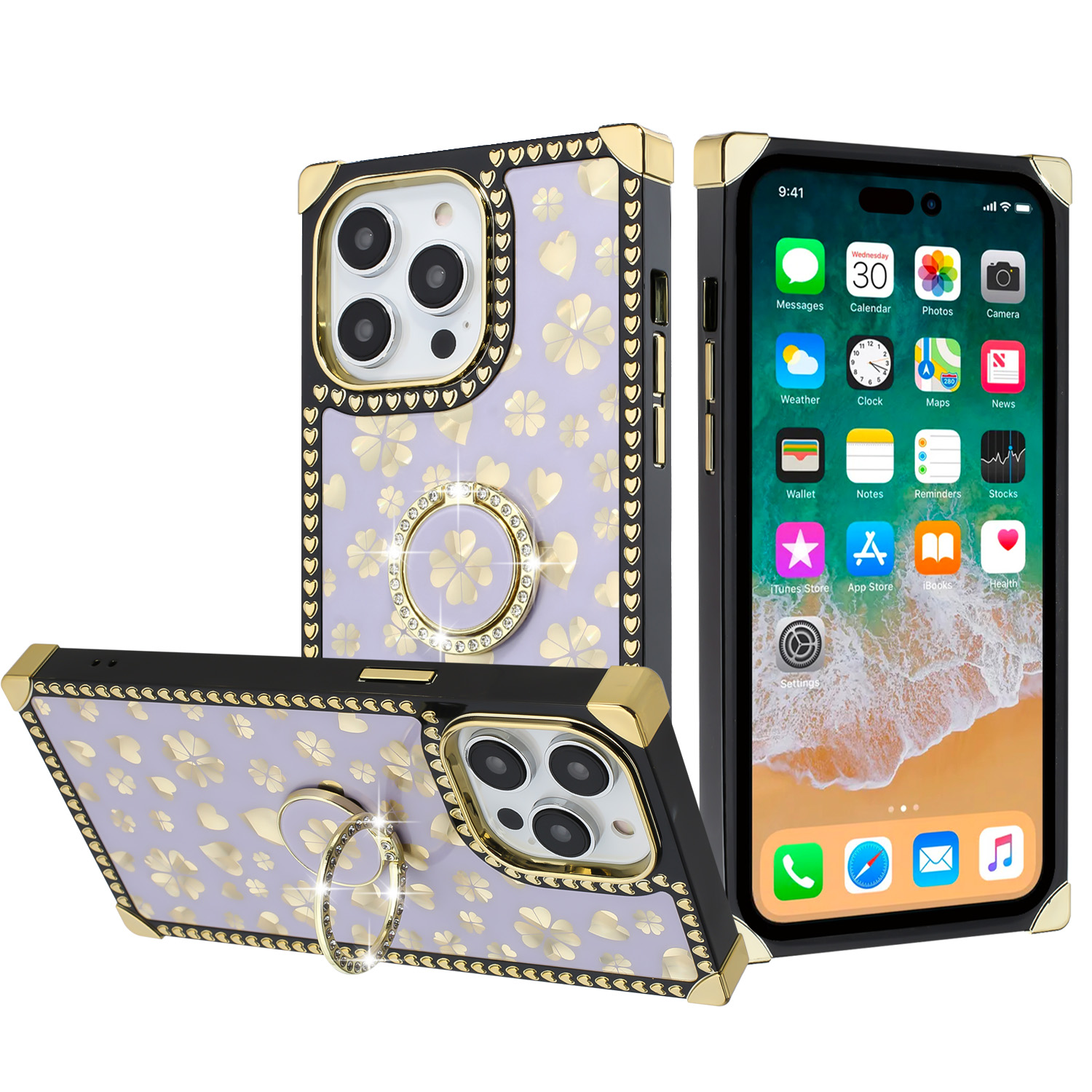 for iphone 15 pro passion glitter diamond ring stand case cover heart design purple