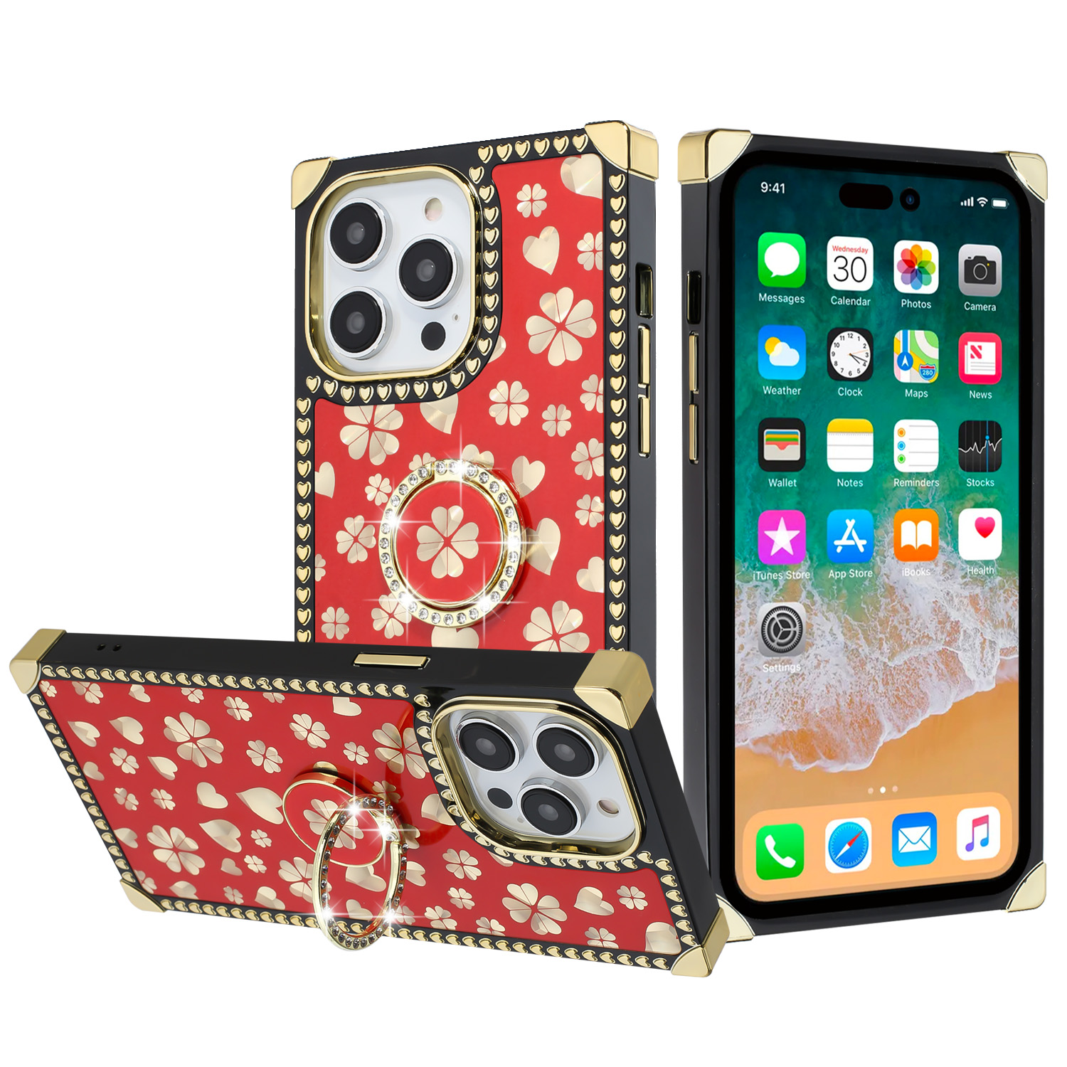 for iphone 15 pro passion glitter diamond ring stand case cover heart design red