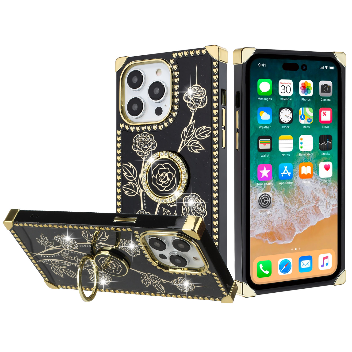 for iphone 15 pro passion hearts bling glitter floral ring stand case cover black