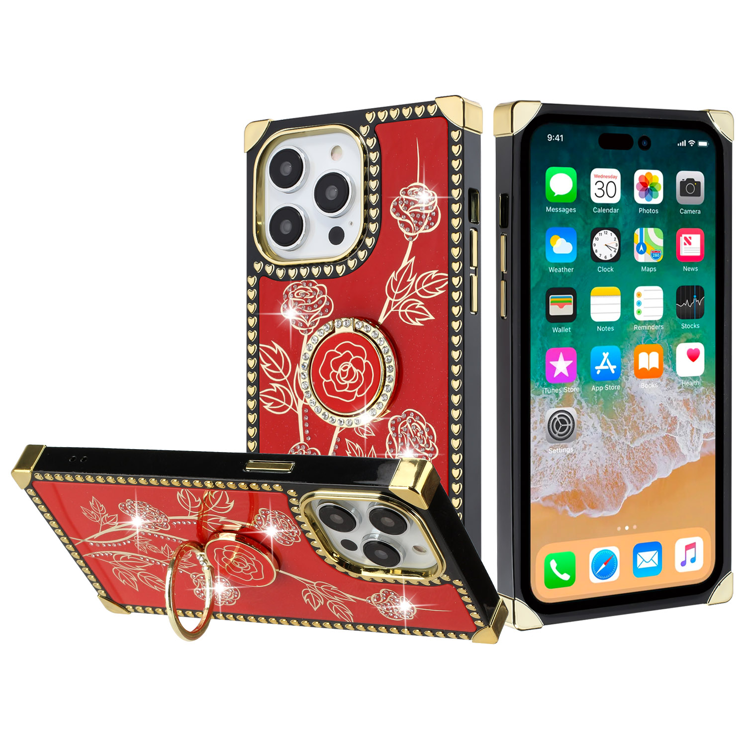 for iphone 15 pro passion hearts bling glitter floral ring stand case cover red