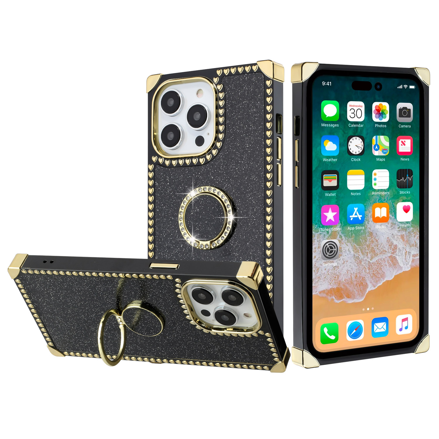 for iphone 15 pro glitter hybrid with ring stand heart passion hybrid case cover black