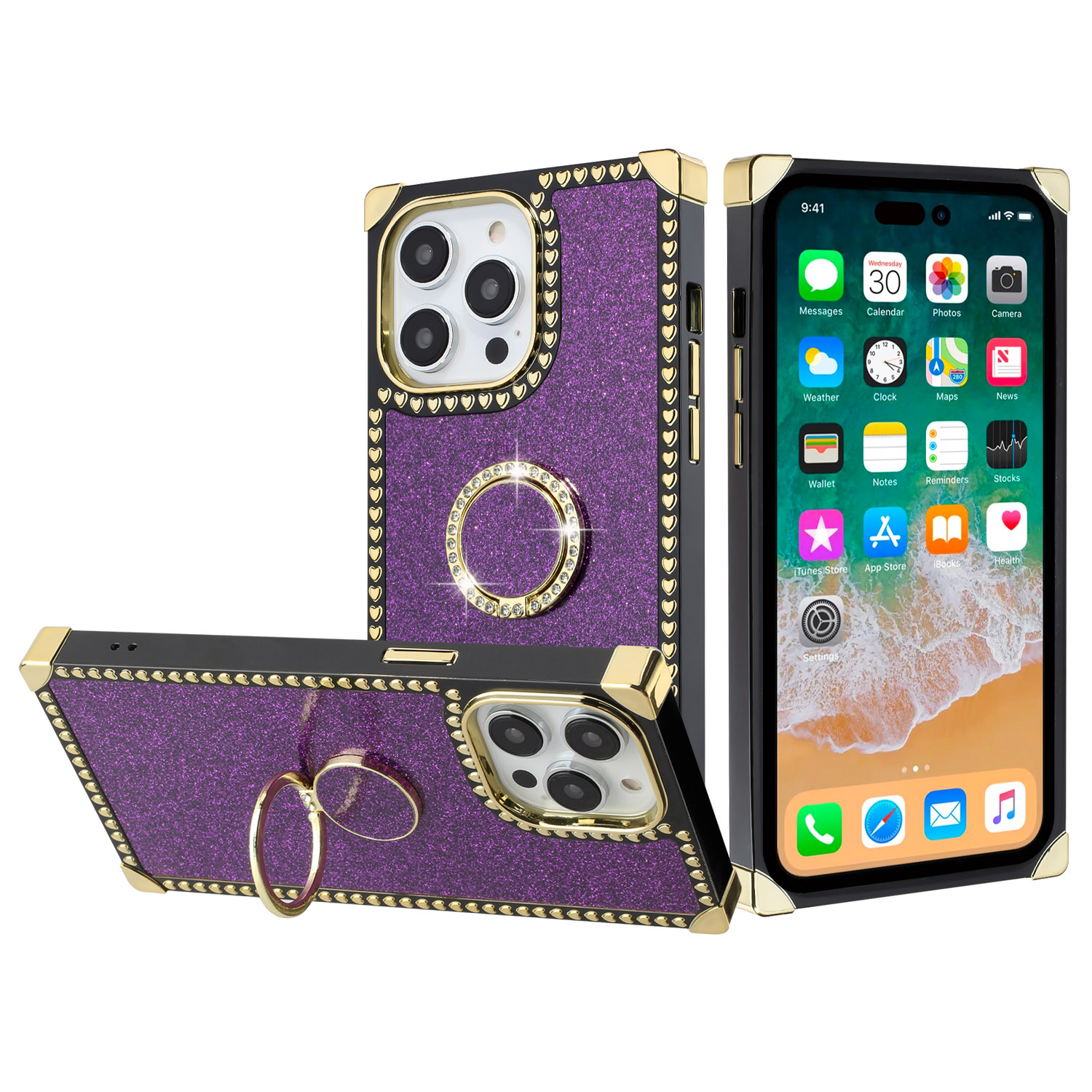 for iphone 15 pro glitter hybrid with ring stand heart passion hybrid case cover dark purple