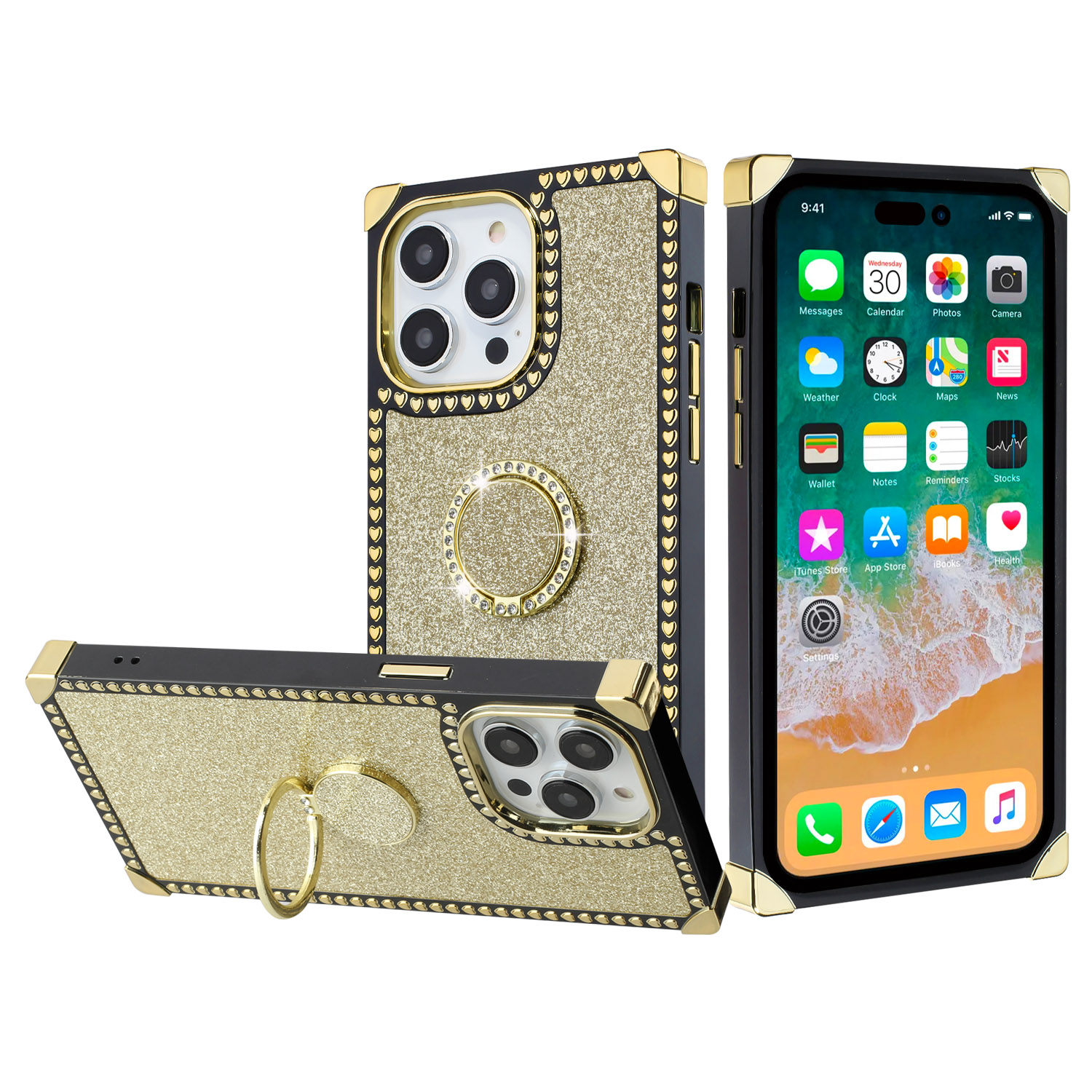 for iphone 15 pro glitter hybrid with ring stand heart passion hybrid case cover gold