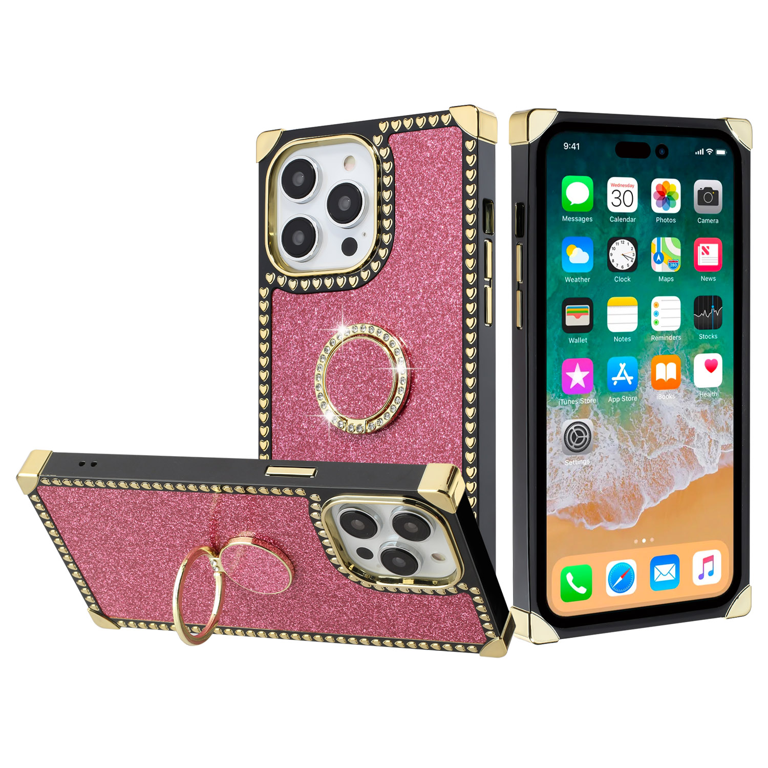 for iphone 15 pro glitter hybrid with ring stand heart passion hybrid case cover hot pink
