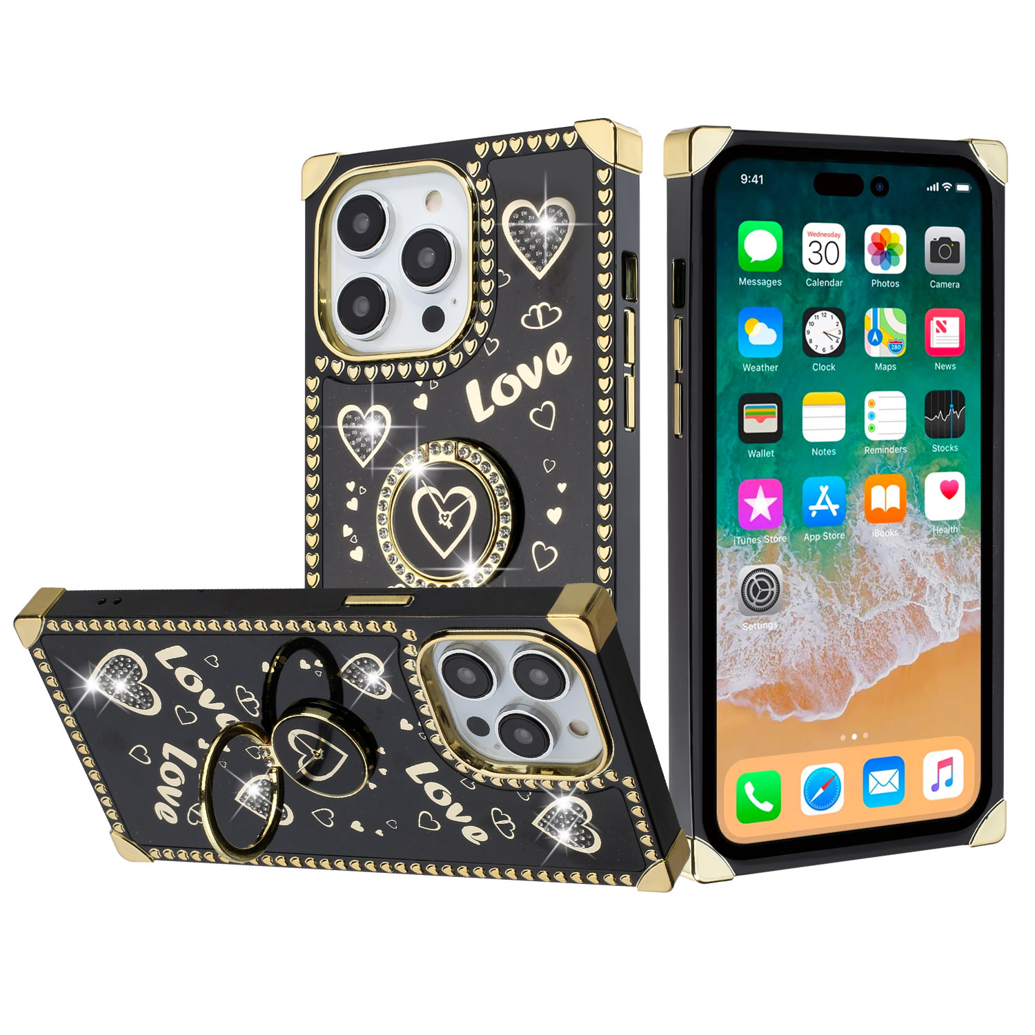 for iphone 15 pro passion hearts bling glitter love design ring stand case cover black