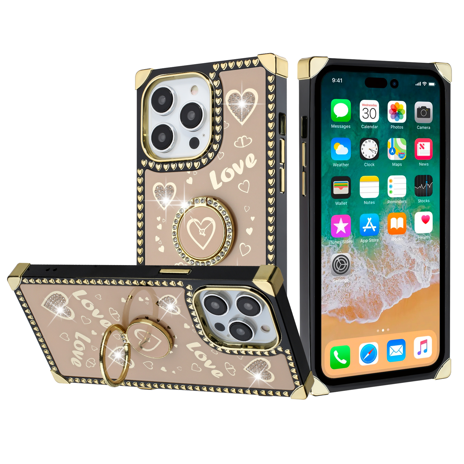 for iphone 15 pro passion hearts bling glitter love design ring stand case cover gold