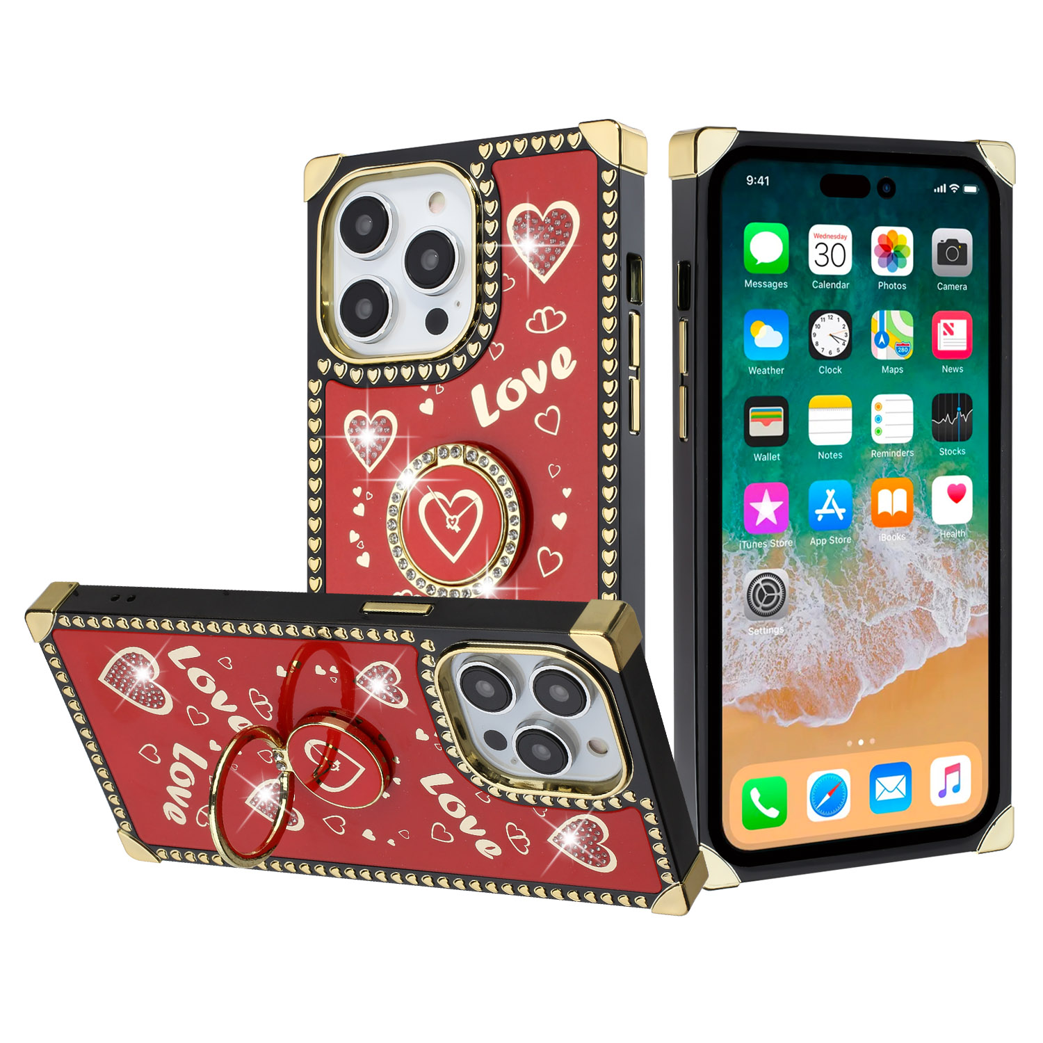 for iphone 15 pro passion hearts bling glitter love design ring stand case cover red