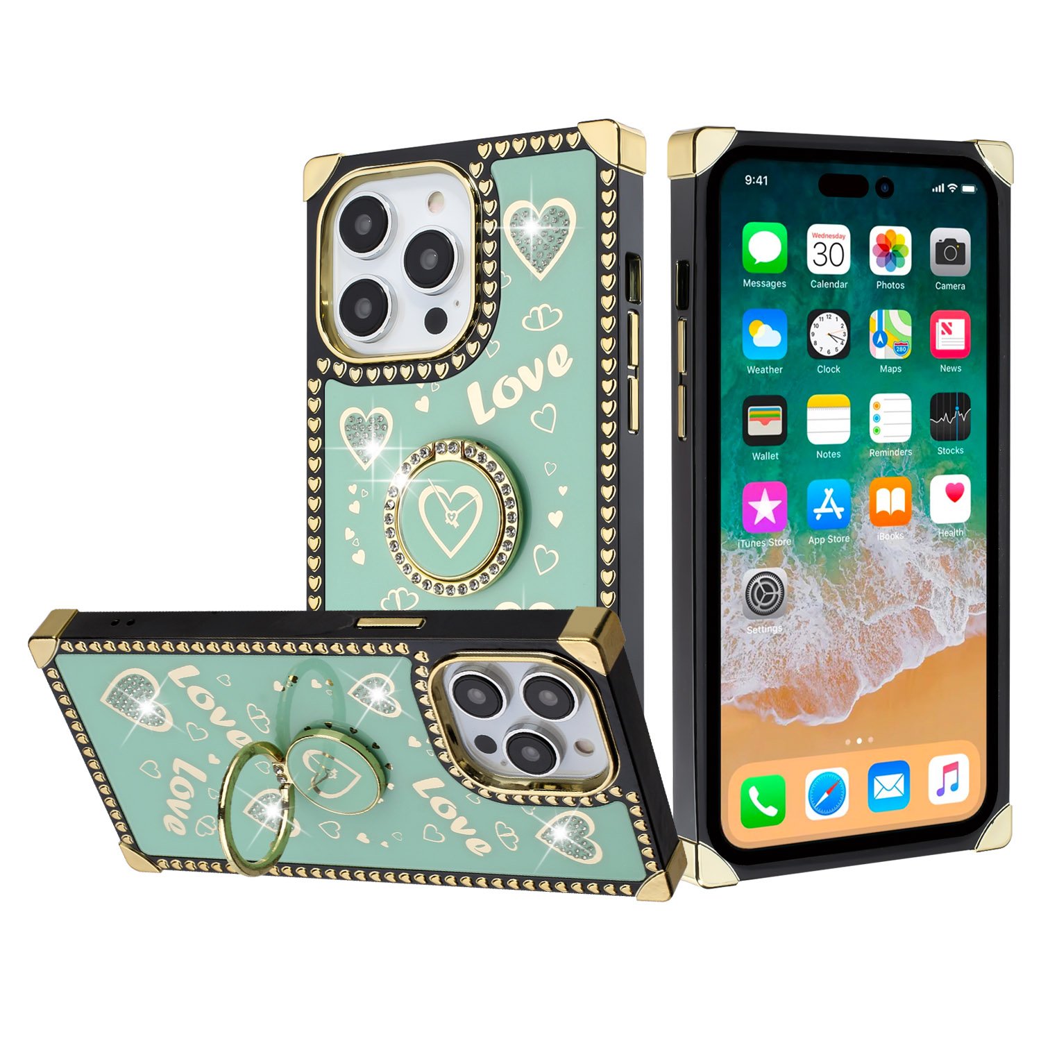 for apple iphone 14 pro 6.1" passion hearts bling glitter love design ring stand case cover teal