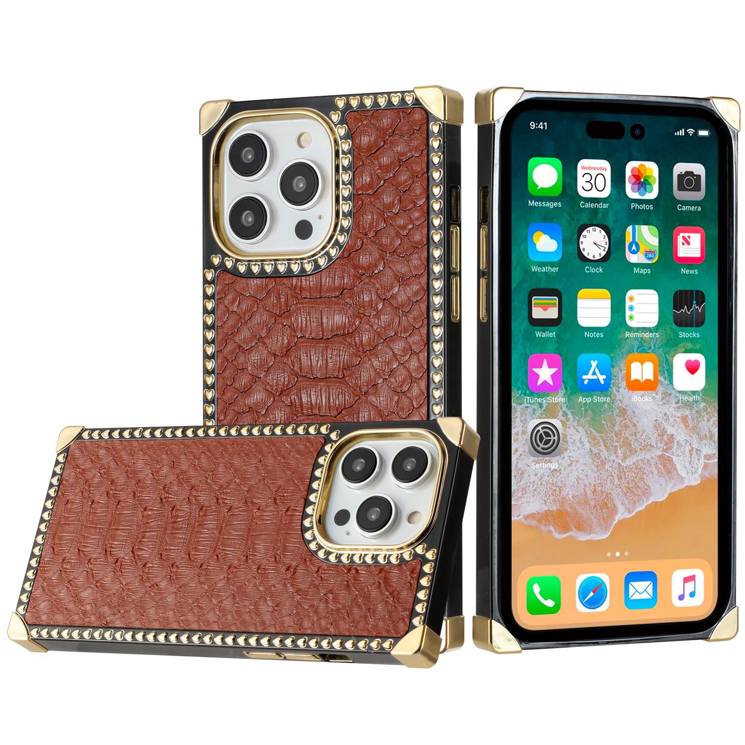 for iphone 15 pro premium pu leather heart hybrid case brown