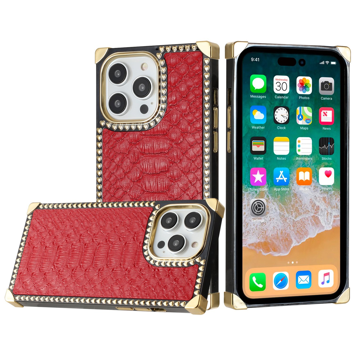 for iphone 15 pro premium pu leather heart hybrid case red