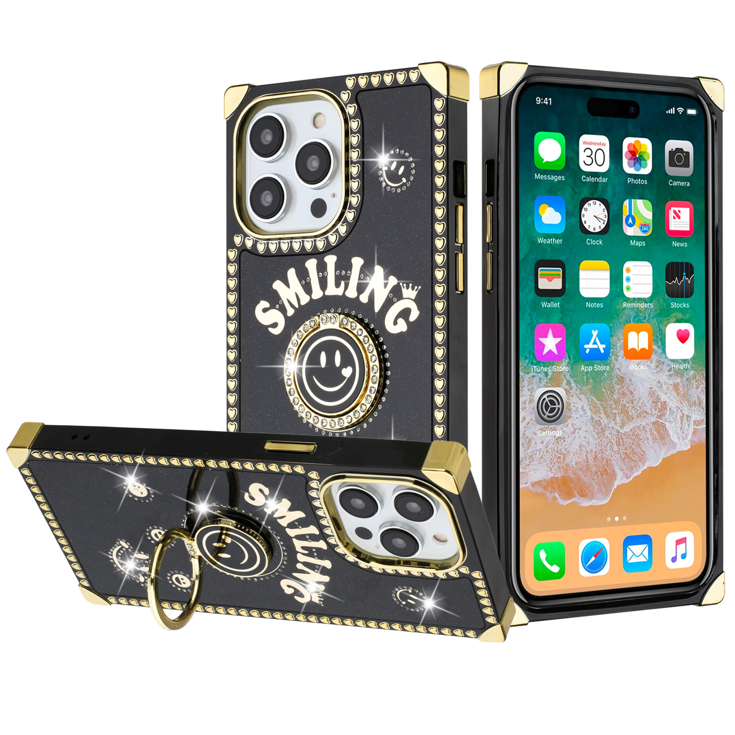 for iphone 15 pro passion hearts smiling diamond ring stand case cover black