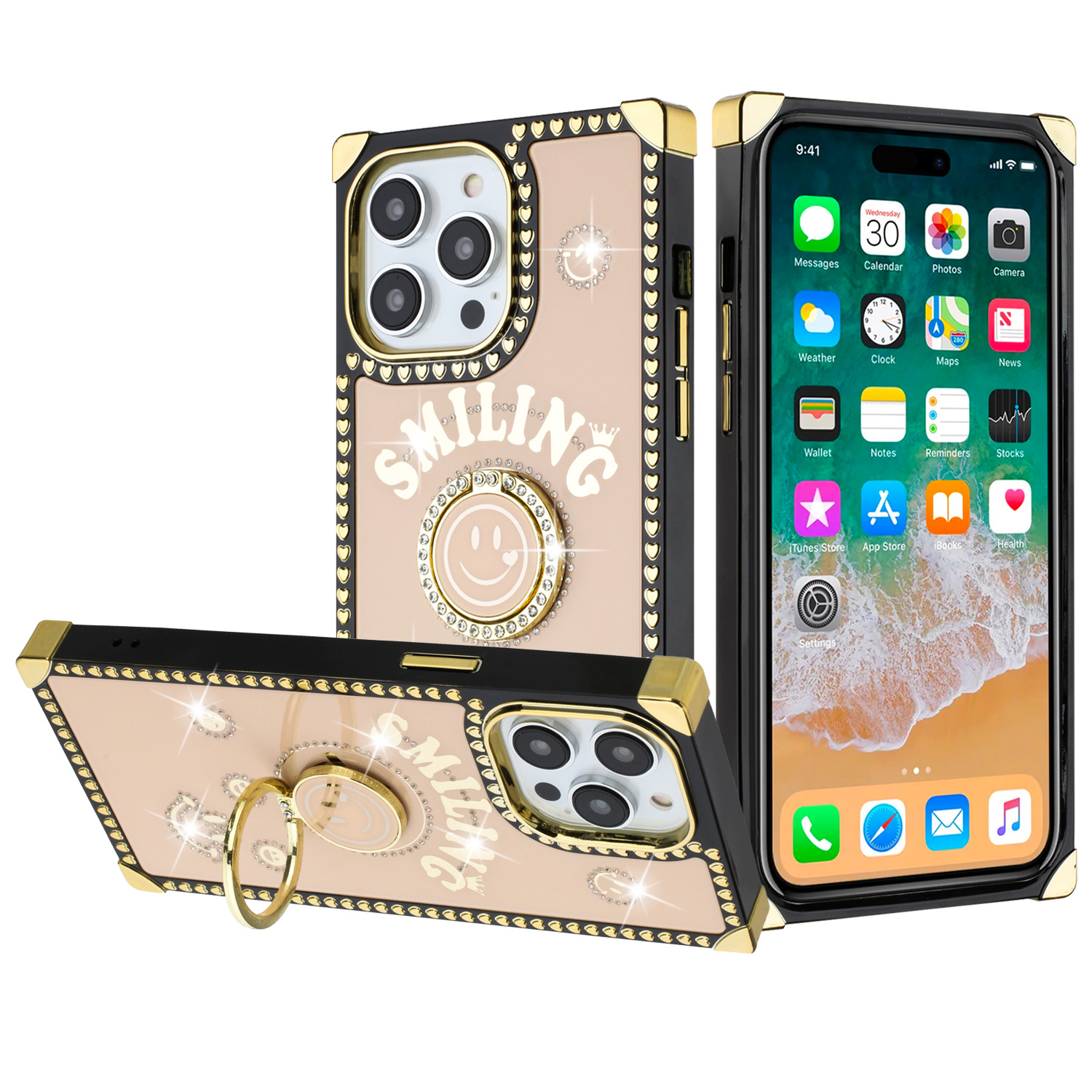 for iphone 15 pro passion hearts smiling diamond ring stand case cover gold