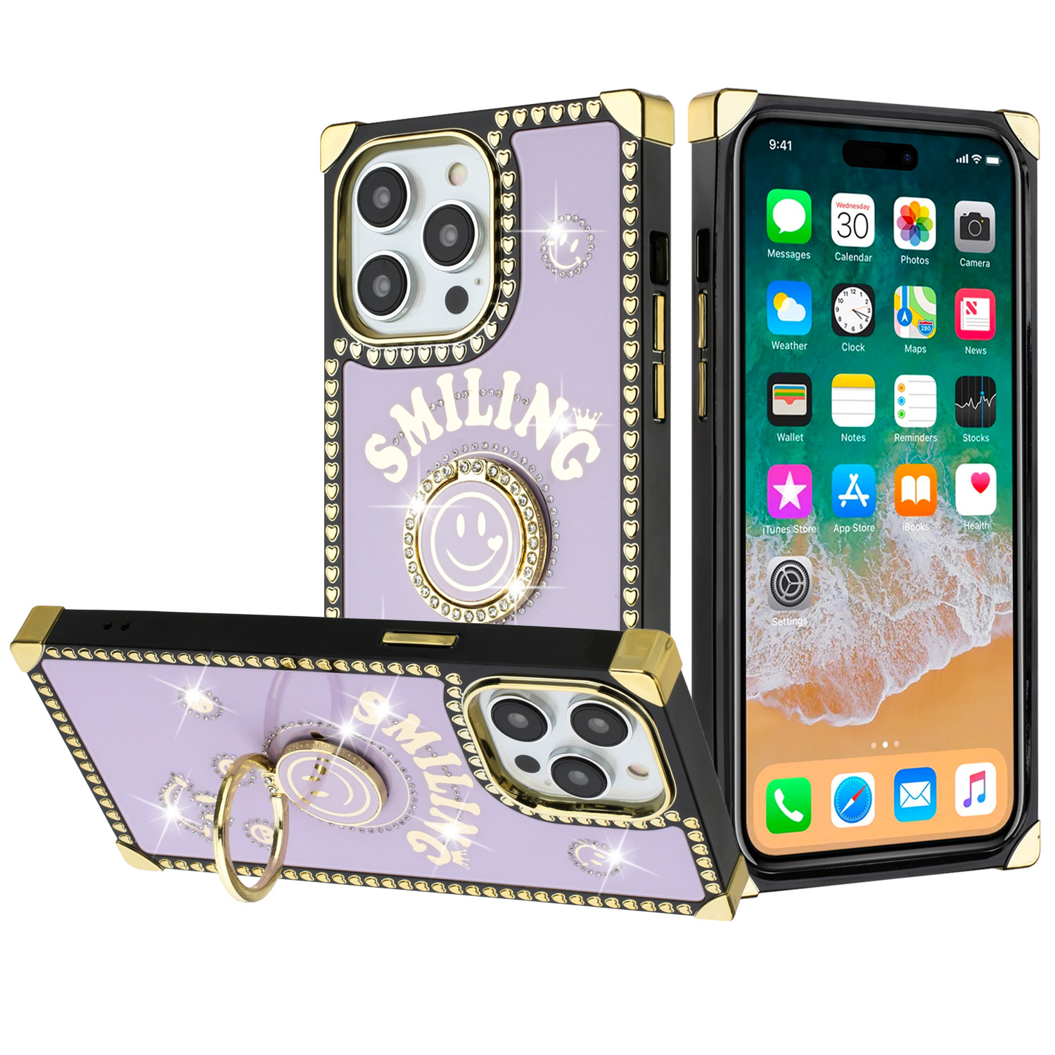 for iphone 15 pro passion hearts smiling diamond ring stand case cover purple