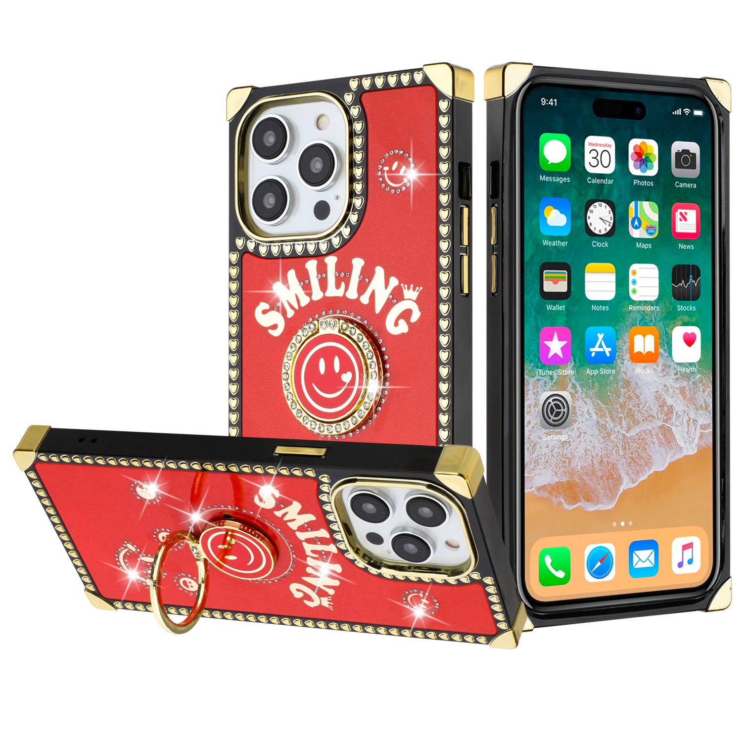 for apple iphone 14 pro 6.1" passion hearts smiling diamond ring stand case cover red