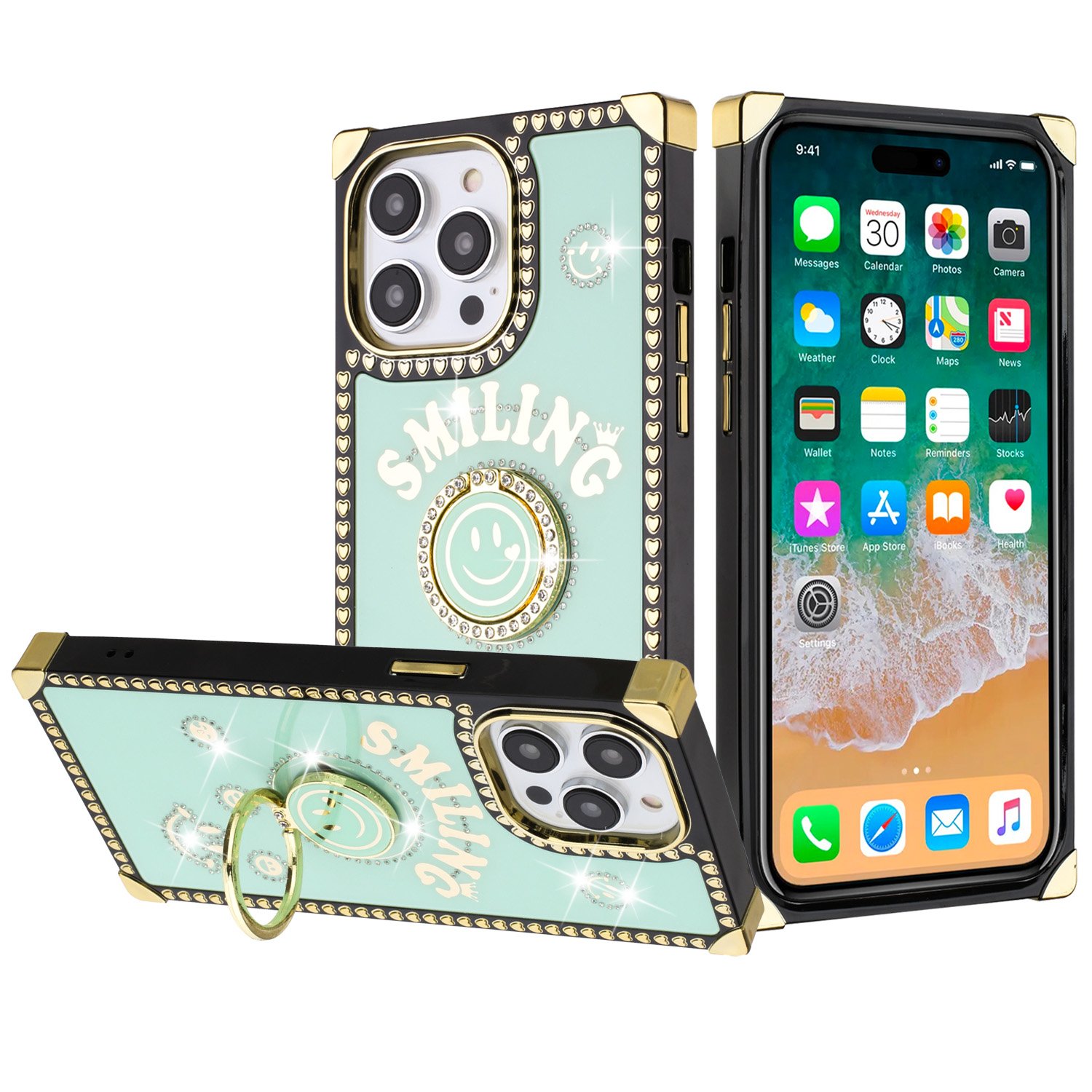for apple iphone 14 pro 6.1" passion hearts smiling diamond ring stand case cover teal